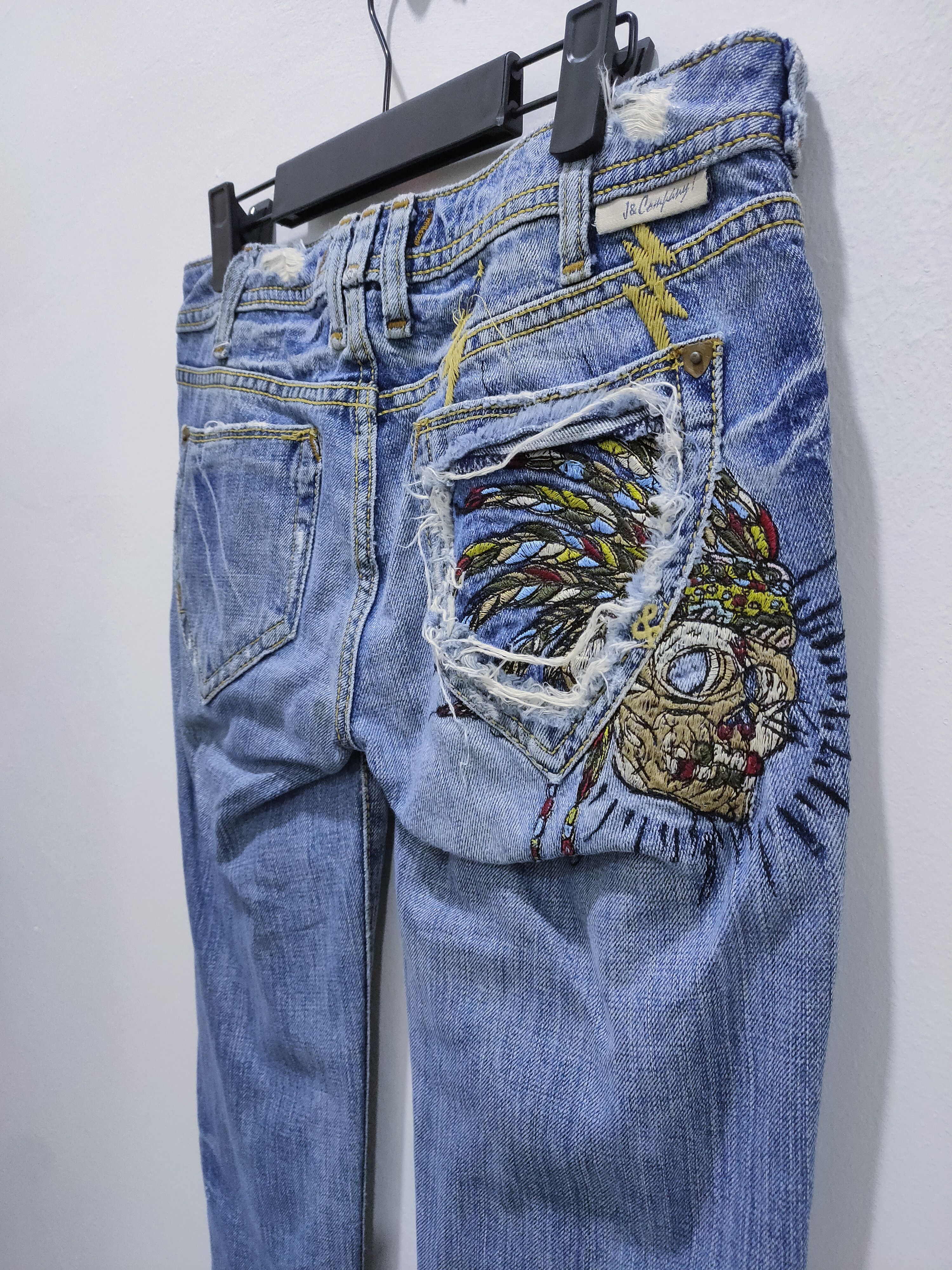Japanese Brand J&COMPANY Embroidery Apache Skull Acid Washed Bootcut Jeans Size 28" / US 6 / IT 42 - 17 Thumbnail