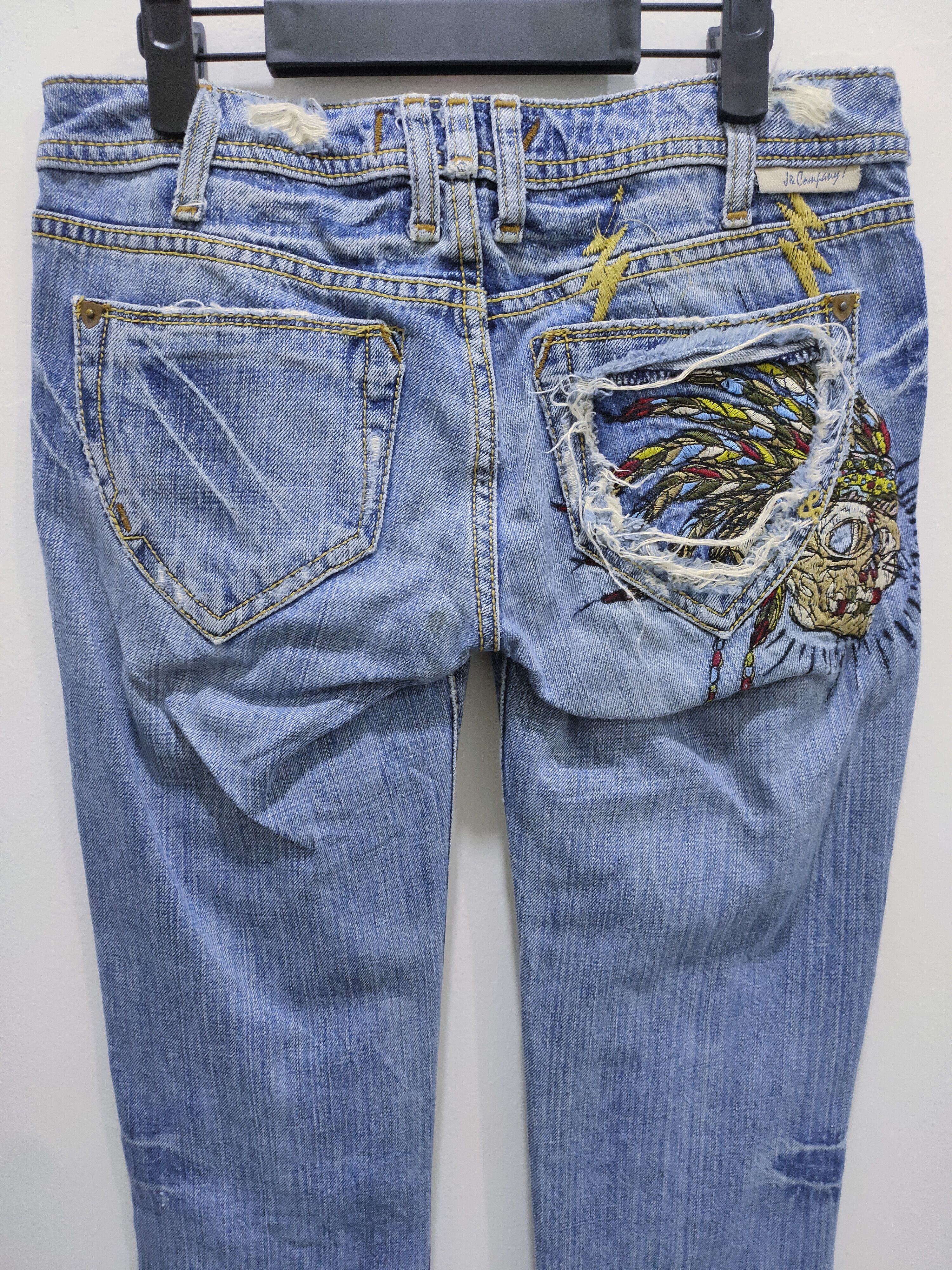 Japanese Brand J&COMPANY Embroidery Apache Skull Acid Washed Bootcut Jeans Size 28" / US 6 / IT 42 - 11 Thumbnail