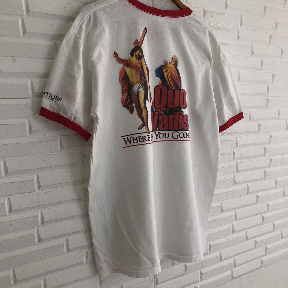 Vintage VINTAGE ANVIL QUA VADIS BIG LOGO TEE RINGER RARE COLOUR Size US L / EU 52-54 / 3 - 9 Thumbnail