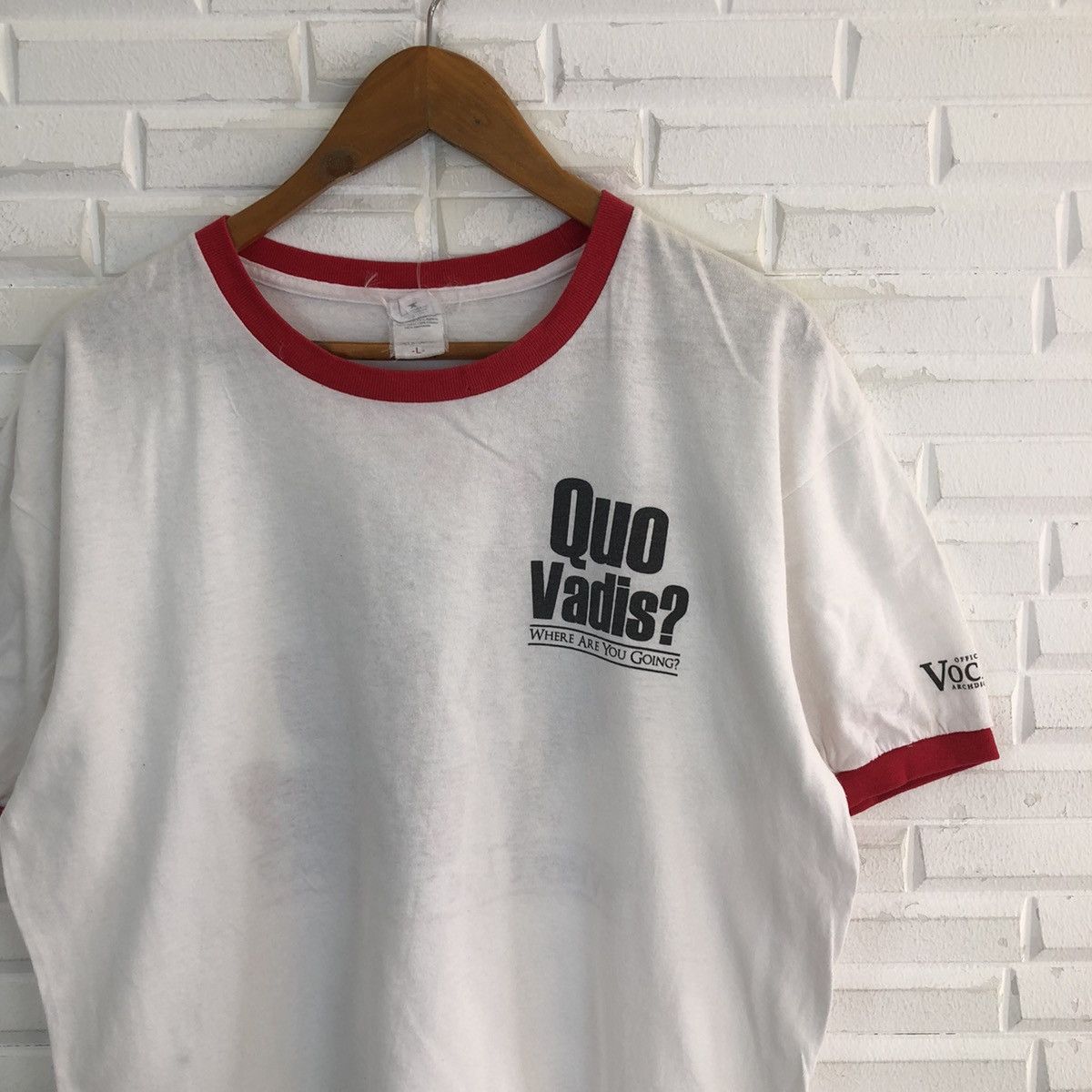 Vintage VINTAGE ANVIL QUA VADIS BIG LOGO TEE RINGER RARE COLOUR Size US L / EU 52-54 / 3 - 4 Thumbnail