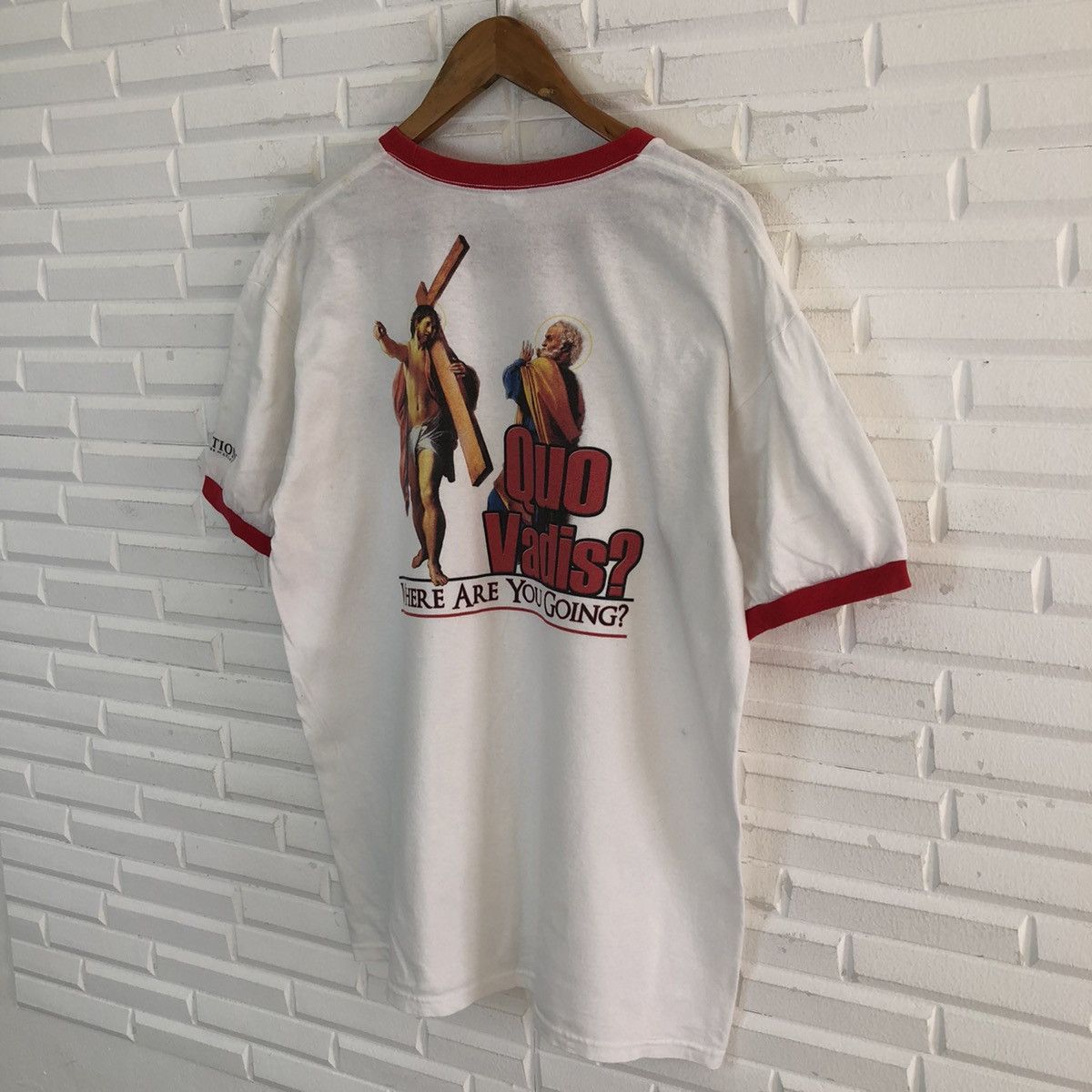 Vintage VINTAGE ANVIL QUA VADIS BIG LOGO TEE RINGER RARE COLOUR Size US L / EU 52-54 / 3 - 7 Thumbnail