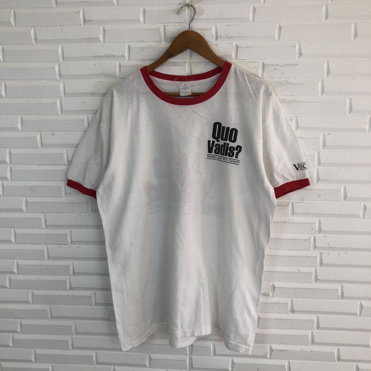Vintage VINTAGE ANVIL QUA VADIS BIG LOGO TEE RINGER RARE COLOUR Size US L / EU 52-54 / 3 - 2 Thumbnail