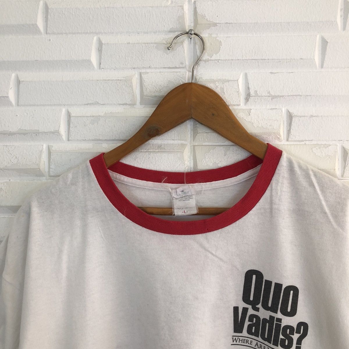 Vintage VINTAGE ANVIL QUA VADIS BIG LOGO TEE RINGER RARE COLOUR Size US L / EU 52-54 / 3 - 5 Thumbnail