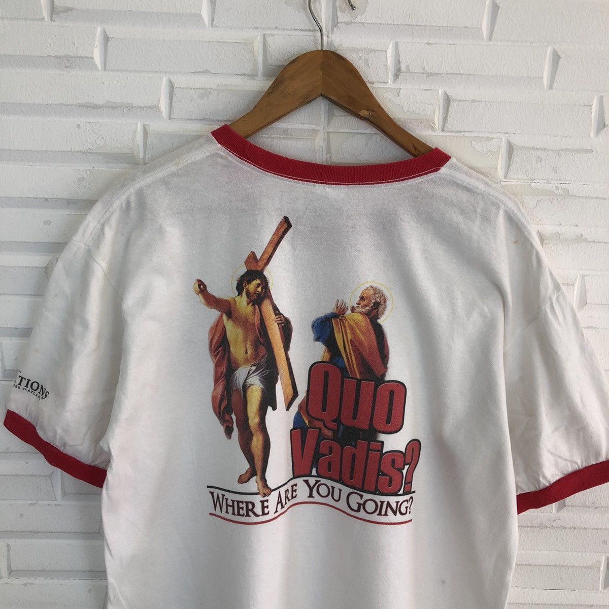 Vintage VINTAGE ANVIL QUA VADIS BIG LOGO TEE RINGER RARE COLOUR Size US L / EU 52-54 / 3 - 8 Thumbnail