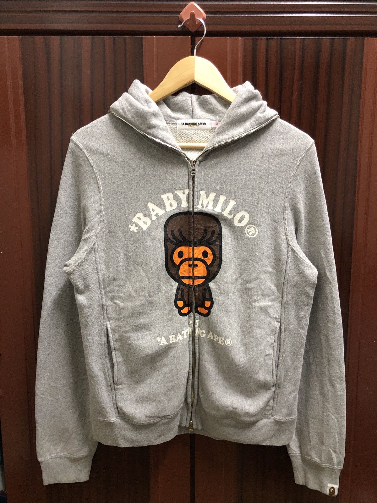 image of Bape Og Baby Milo Elvis Presley Hair Fullzip Hoodie in Grey, Men's (Size Small)