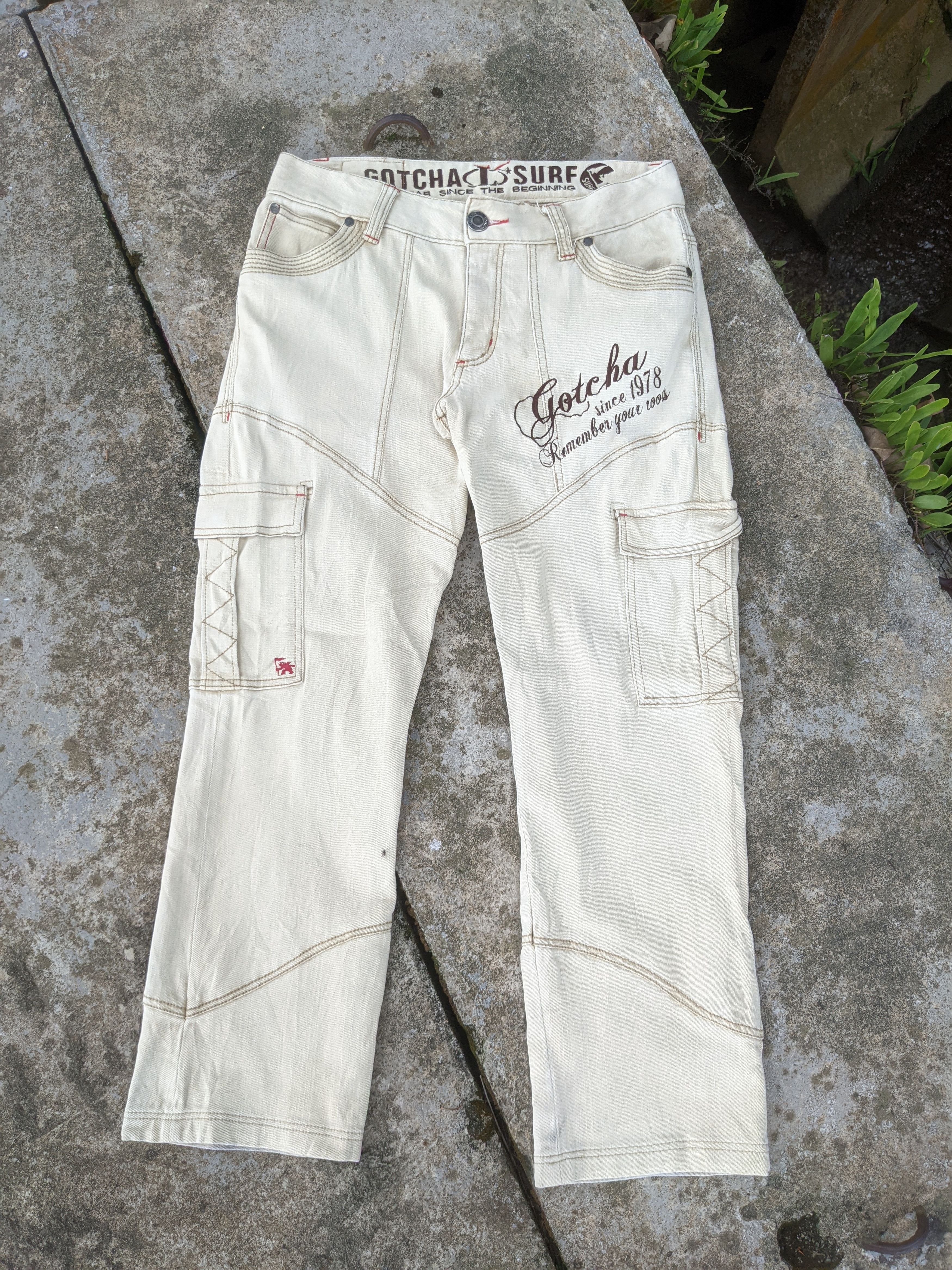 image of Distressed Denim x Gotcha Steals Vintage Gotcha Surfwear Embroidery Cargo Pants in Khaki (Size 33)