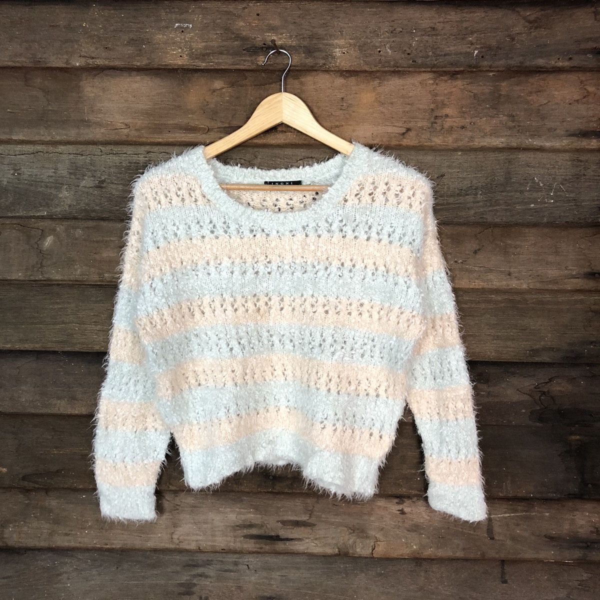 image of Over The Stripes Igni Blue Stripe Crochet Shaggy Fur Mohair Knitwear 6978, Women's (Size Medium)