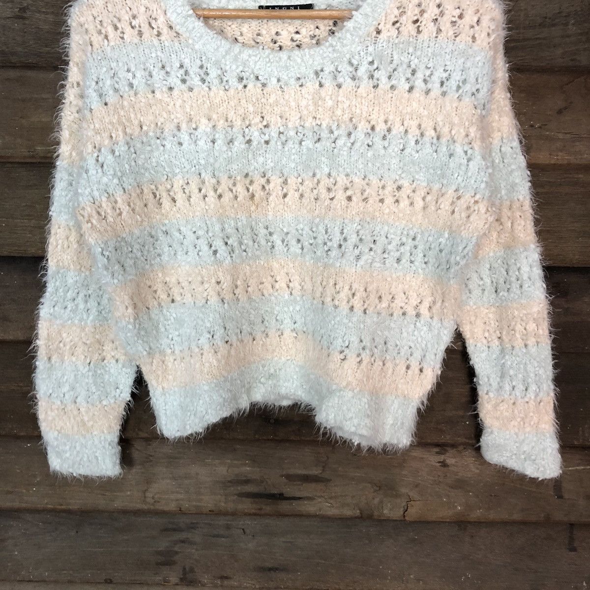 Japanese Brand Igni Blue Stripe crochet Shaggy Fur Mohair Knitwear #6978 Size S / US 4 / IT 40 - 3 Thumbnail