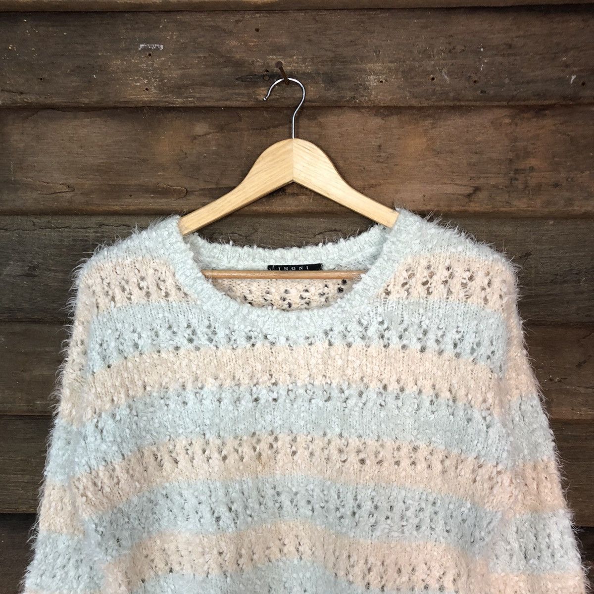 Japanese Brand Igni Blue Stripe crochet Shaggy Fur Mohair Knitwear #6978 Size S / US 4 / IT 40 - 2 Thumbnail