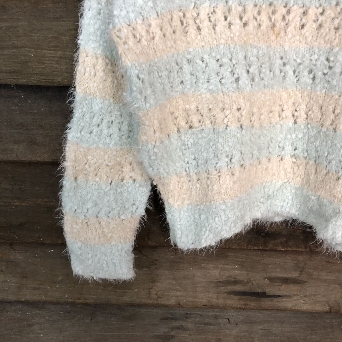 Japanese Brand Igni Blue Stripe crochet Shaggy Fur Mohair Knitwear #6978 Size S / US 4 / IT 40 - 4 Thumbnail