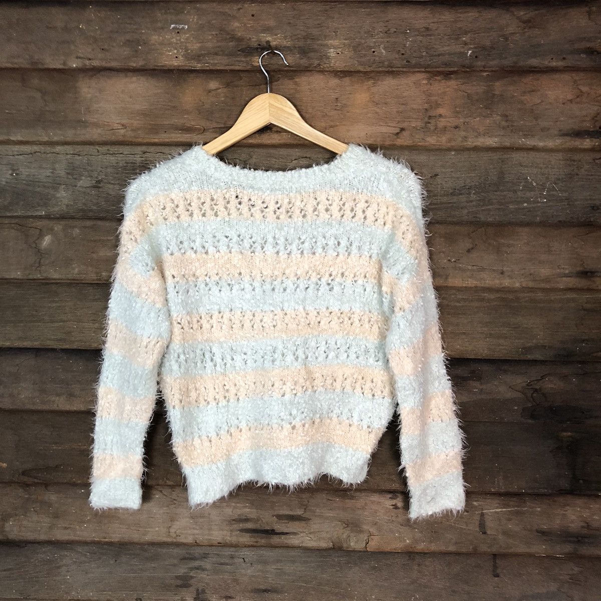 Japanese Brand Igni Blue Stripe crochet Shaggy Fur Mohair Knitwear #6978 Size S / US 4 / IT 40 - 10 Thumbnail