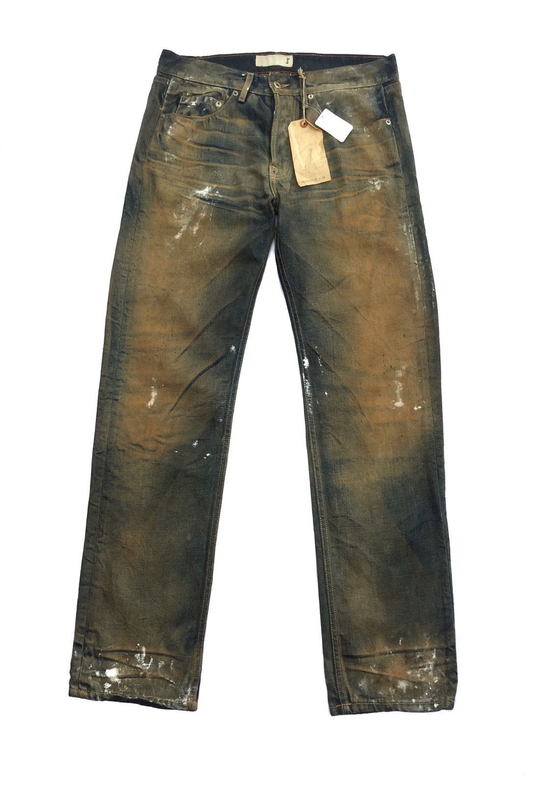 image of Avant Garde x Prospective Flow Rusty Paint Splatter Straight Cut Jeans in Brown Denim (Size 34)