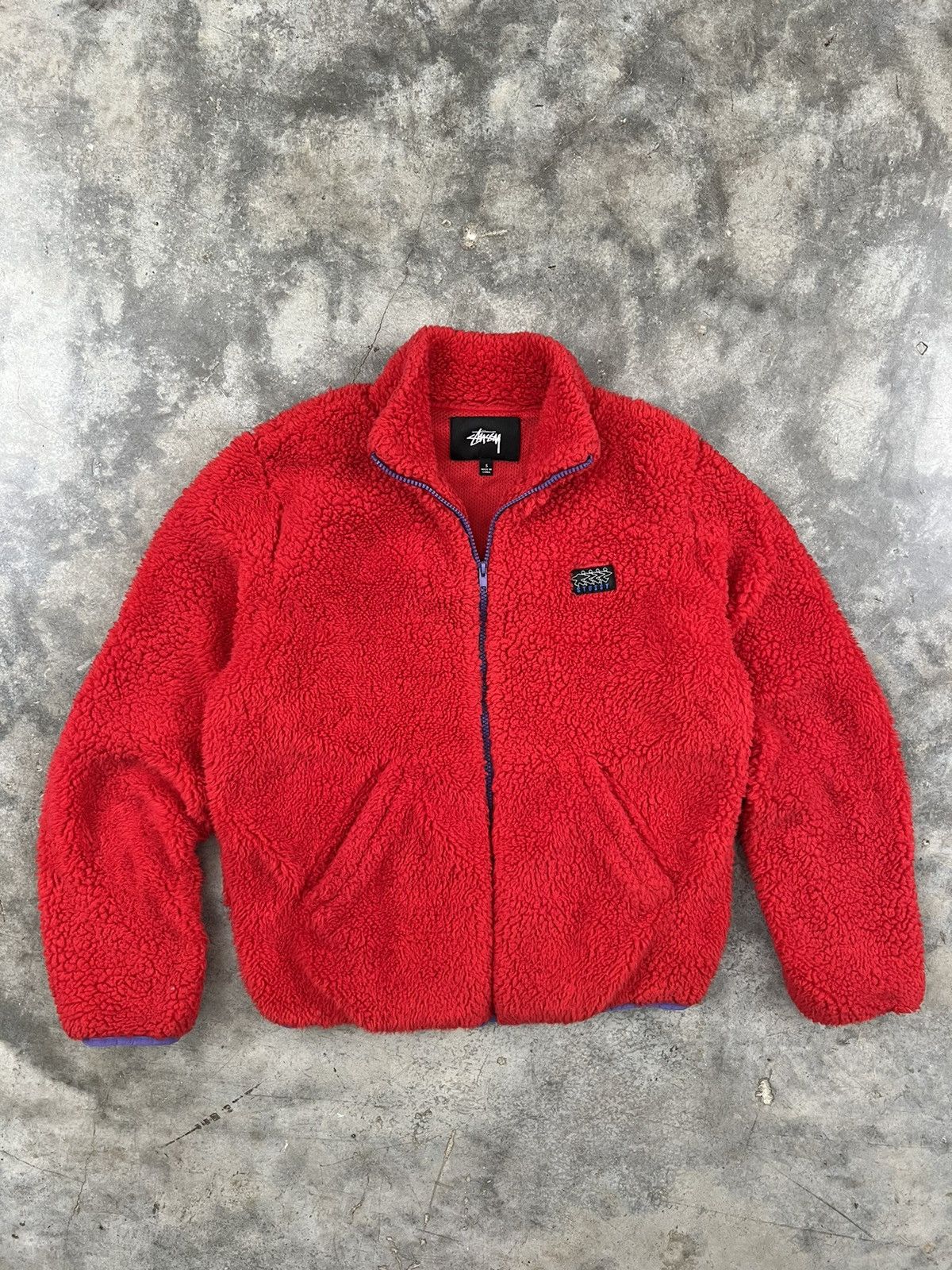 image of Stussy Sherpa Deep Pile Fleece Zip Jacket Red Sz. Small, Men's