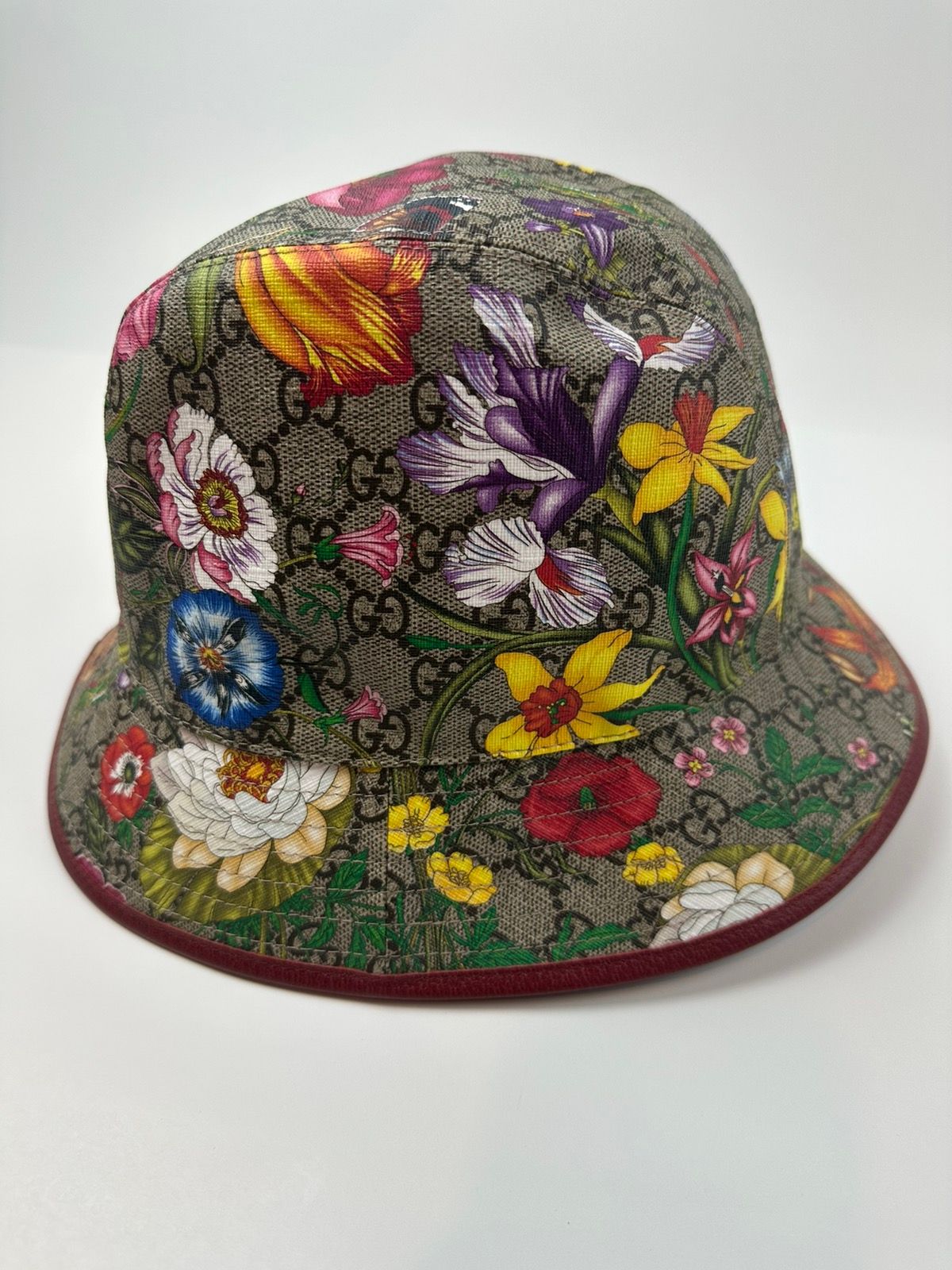 Pre-owned Gucci Gg Floral Bucket Hat Fedora In Brown