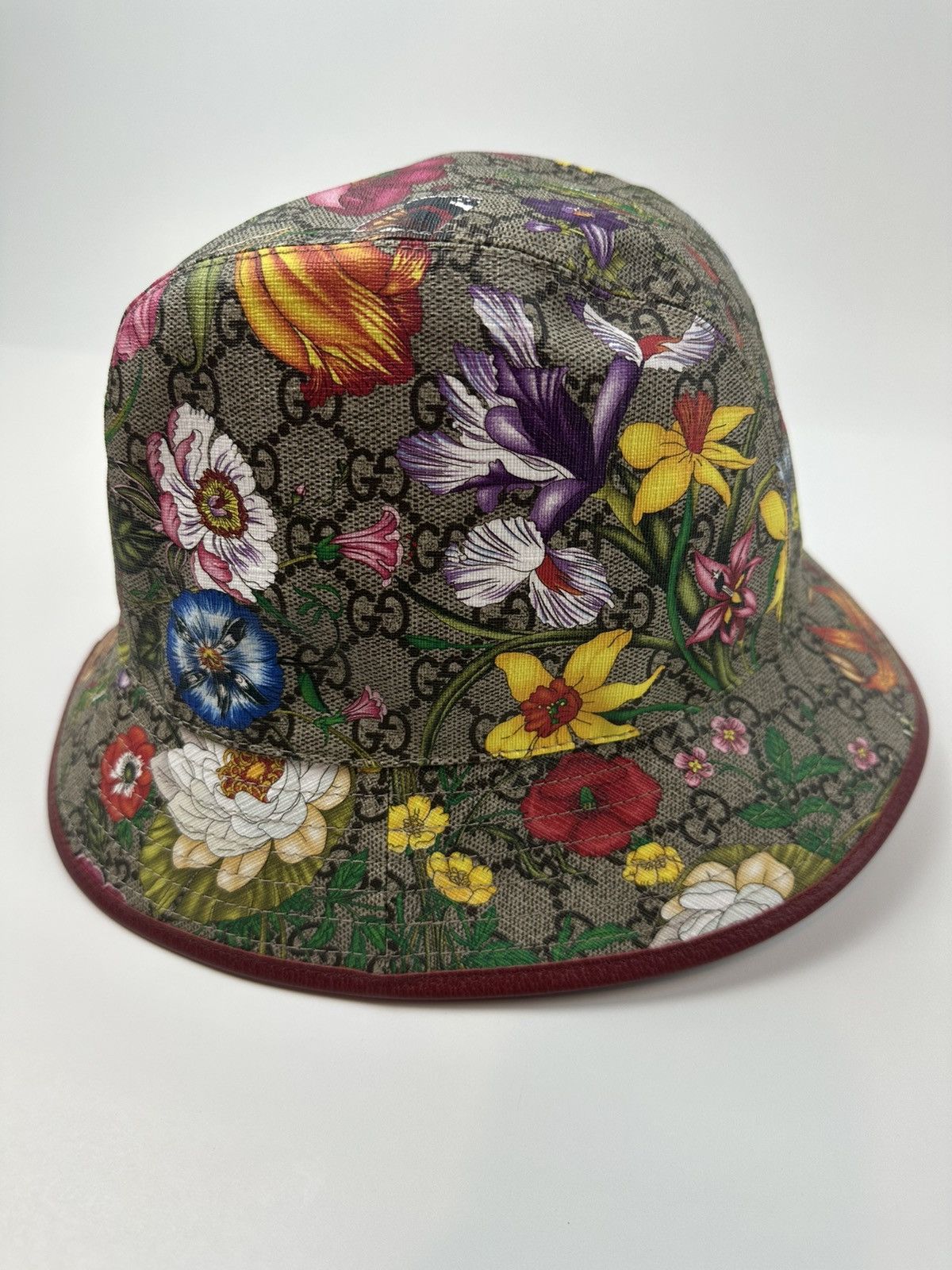 Pre-owned Gucci Gg Floral Bucket Hat Fedora In Brown