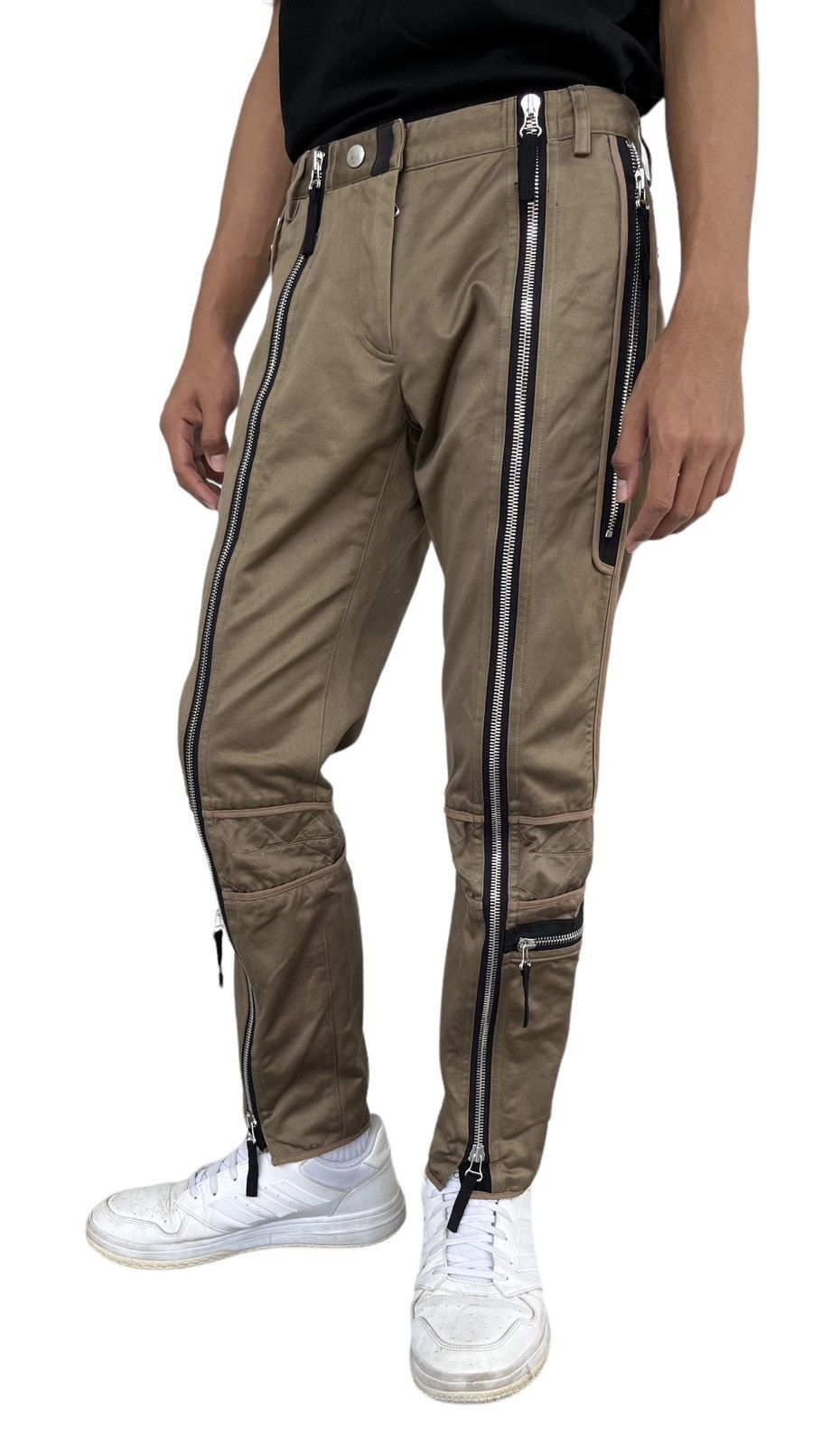 image of FyeDries Van Noten Designer Grunge Multi Zipper Pants in Brown, Men's (Size 29)
