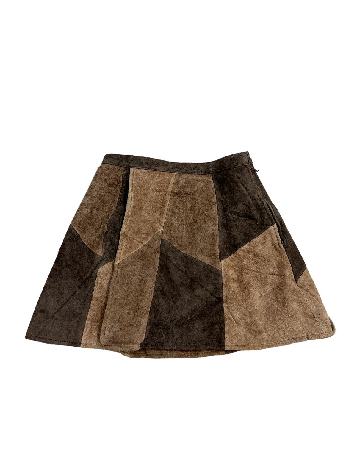 image of Vintage Sly Patchwork Suede Leather Goatskin Skirt in Brown, Women's (Size 24)