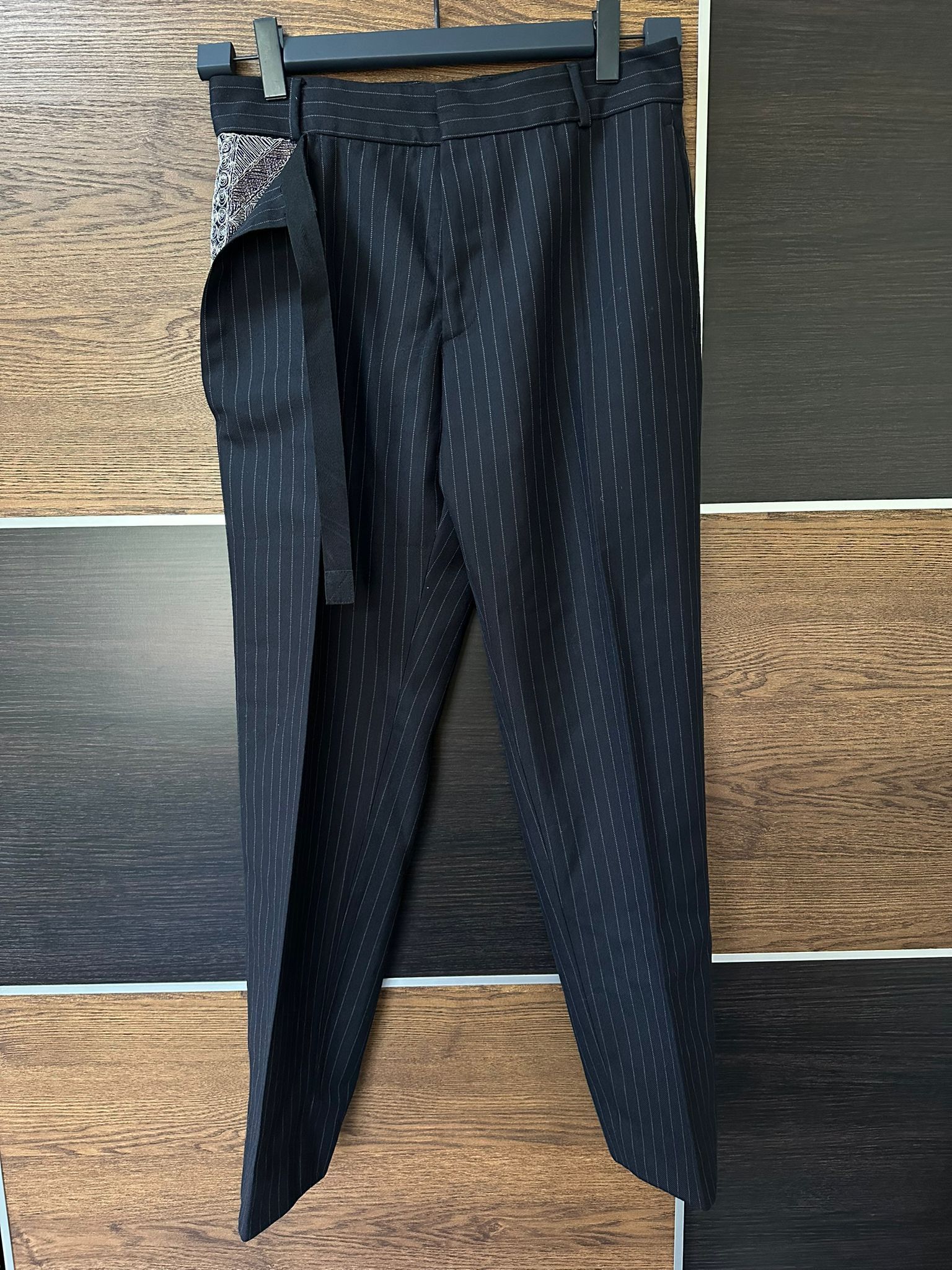SS 2015 pinstripe embroidery wrap pant