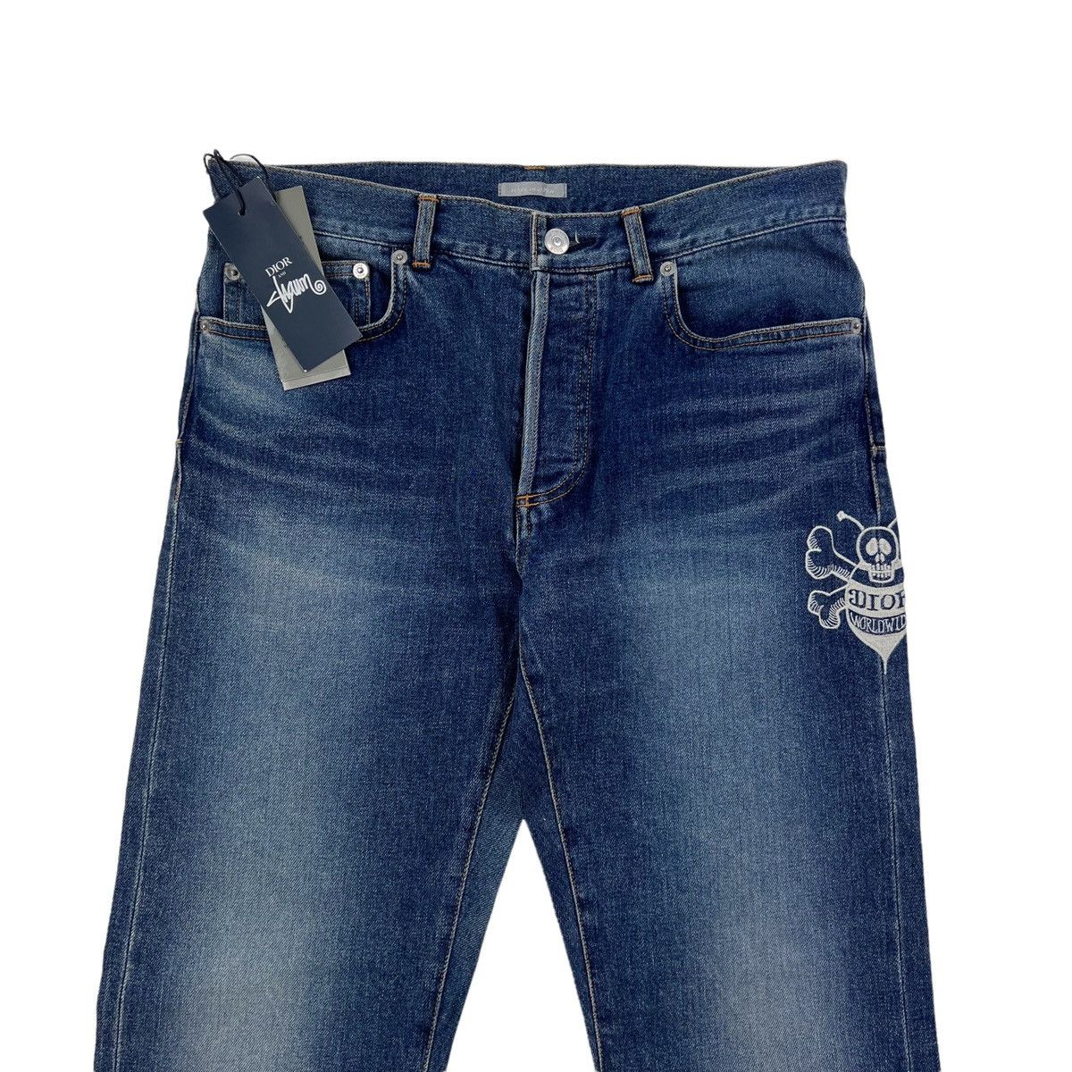 image of Dior X Stüssy Bee Embroidered Jeans in Blue, Men's (Size 30)
