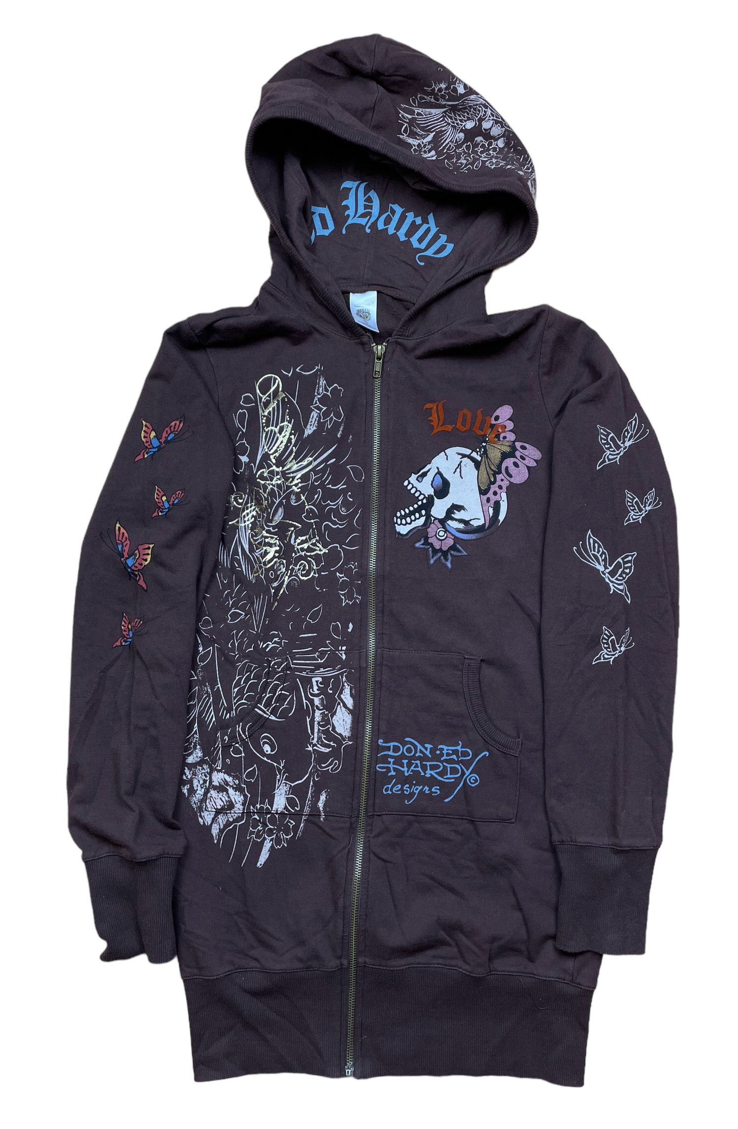 image of Vintage Ed Hardy Love Skull Hoodie Jacket Y2K Hype in Brown, Women's (Size Medium)