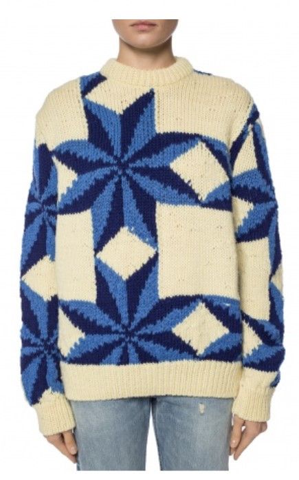 Blue Star Distressed Blue and Yellow Wool Sweater