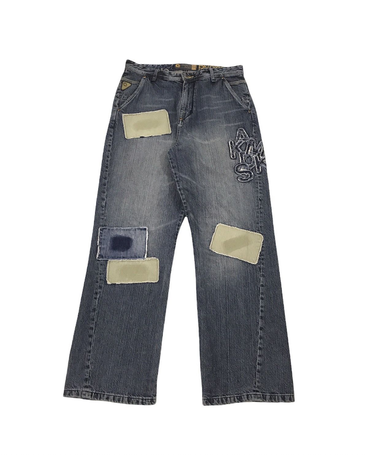 image of Akademiks Patches Baggy Jeans in Blue, Men's (Size 34)
