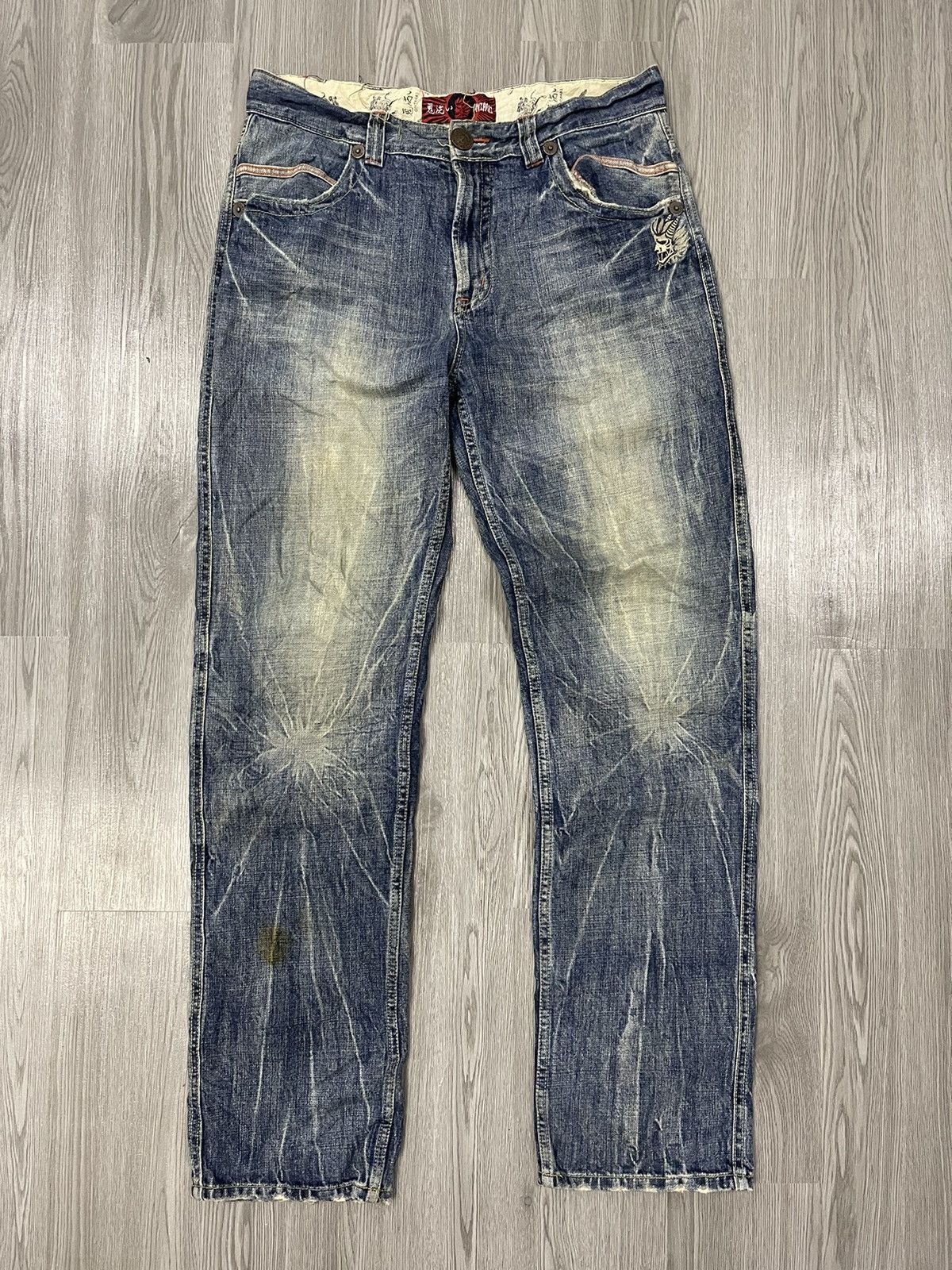 image of Oniarai Japan Devil Splash Distressed Denim in Blue, Men's (Size 34)