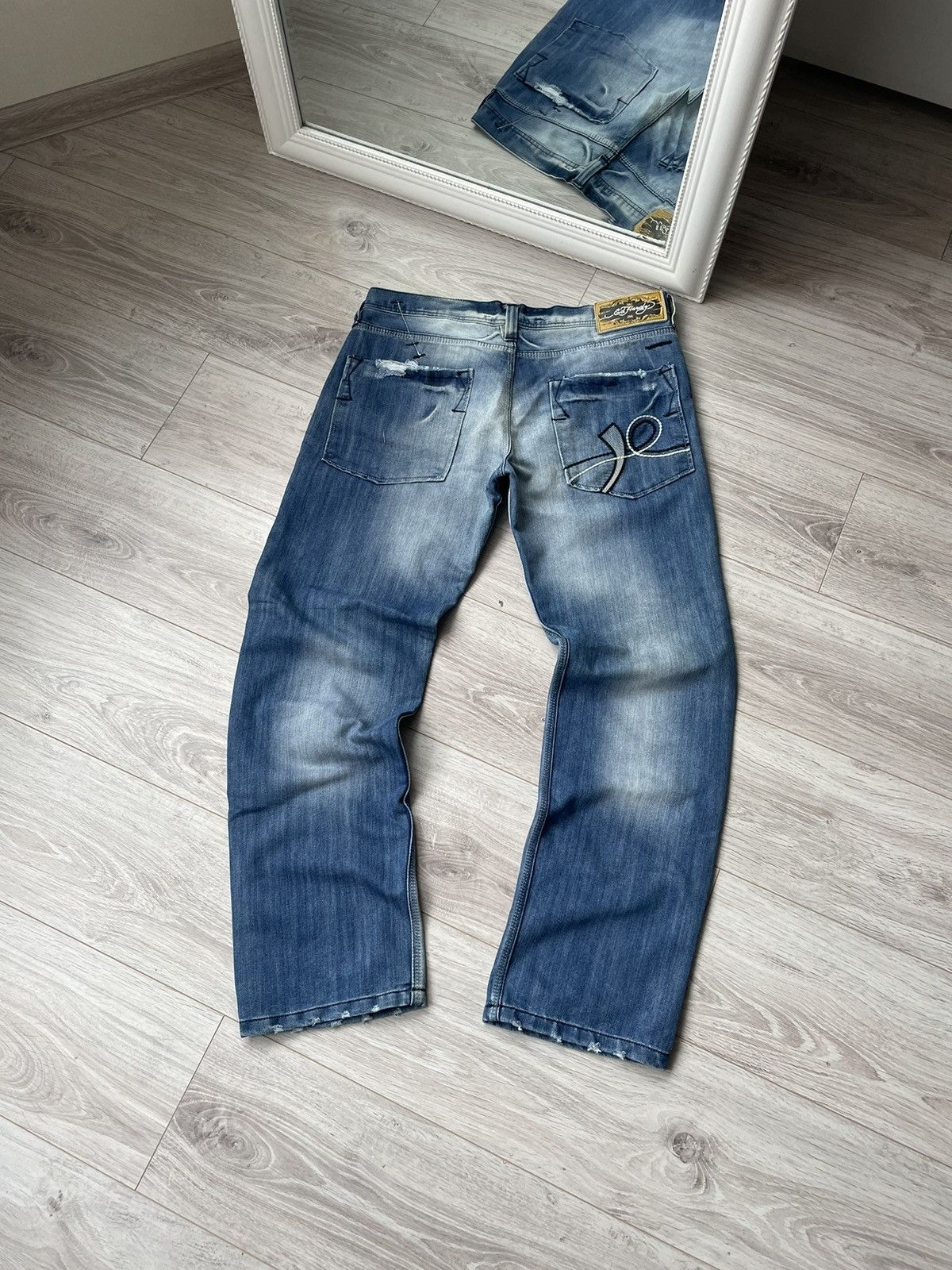 image of Ed Hardy Distressed Blue Denim Jeans, Men's (Size 34)