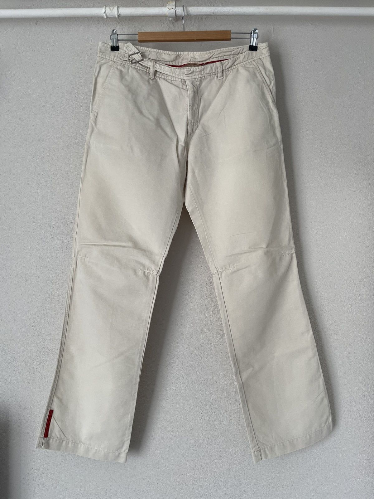 image of Prada Cotton / Linen Blend Pants With Red Logo Tab in Beige, Men's (Size 36)