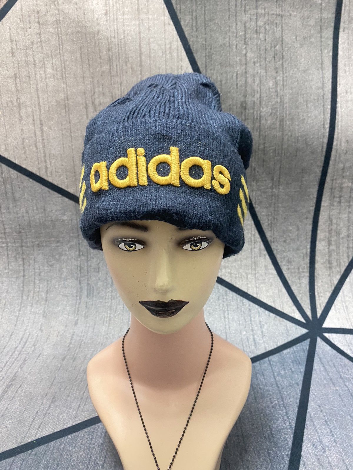 image of Adidas Big Logo Embroidered Stripes Beanie Hat in Blue Black, Men's