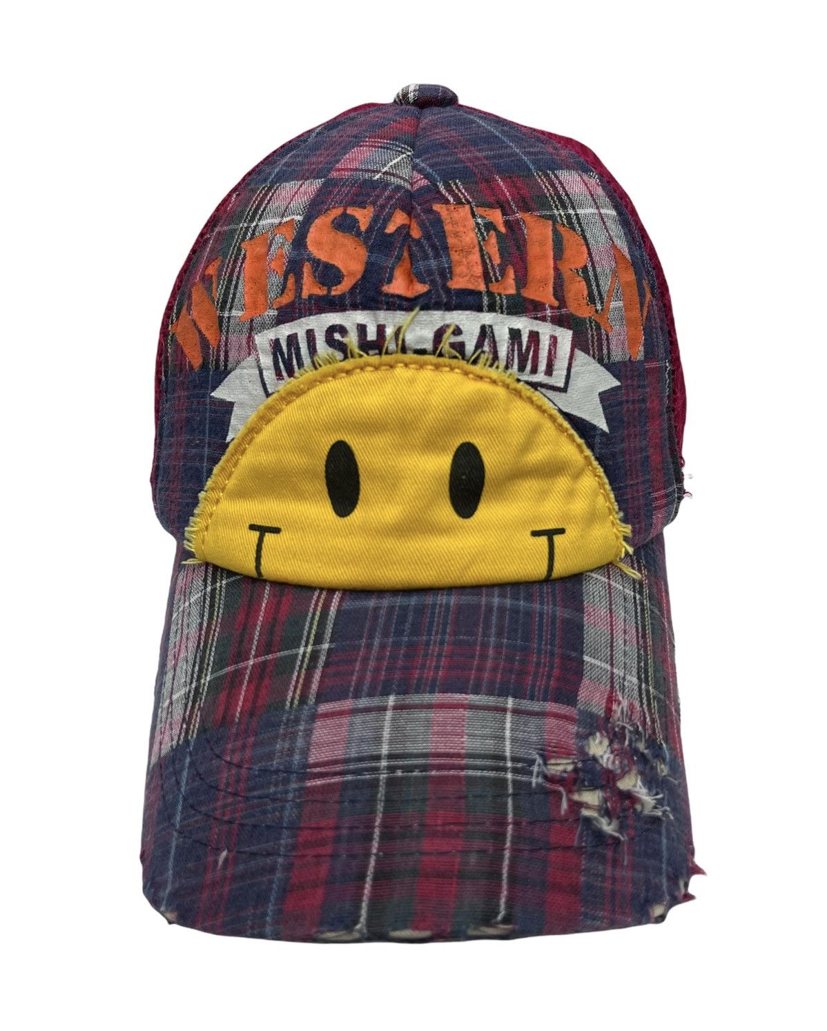 Japanese Brand DOPE🔥MISHI GAMI Smiley Distressed Tartan Trucker Hat Size ONE SIZE - 5 Thumbnail