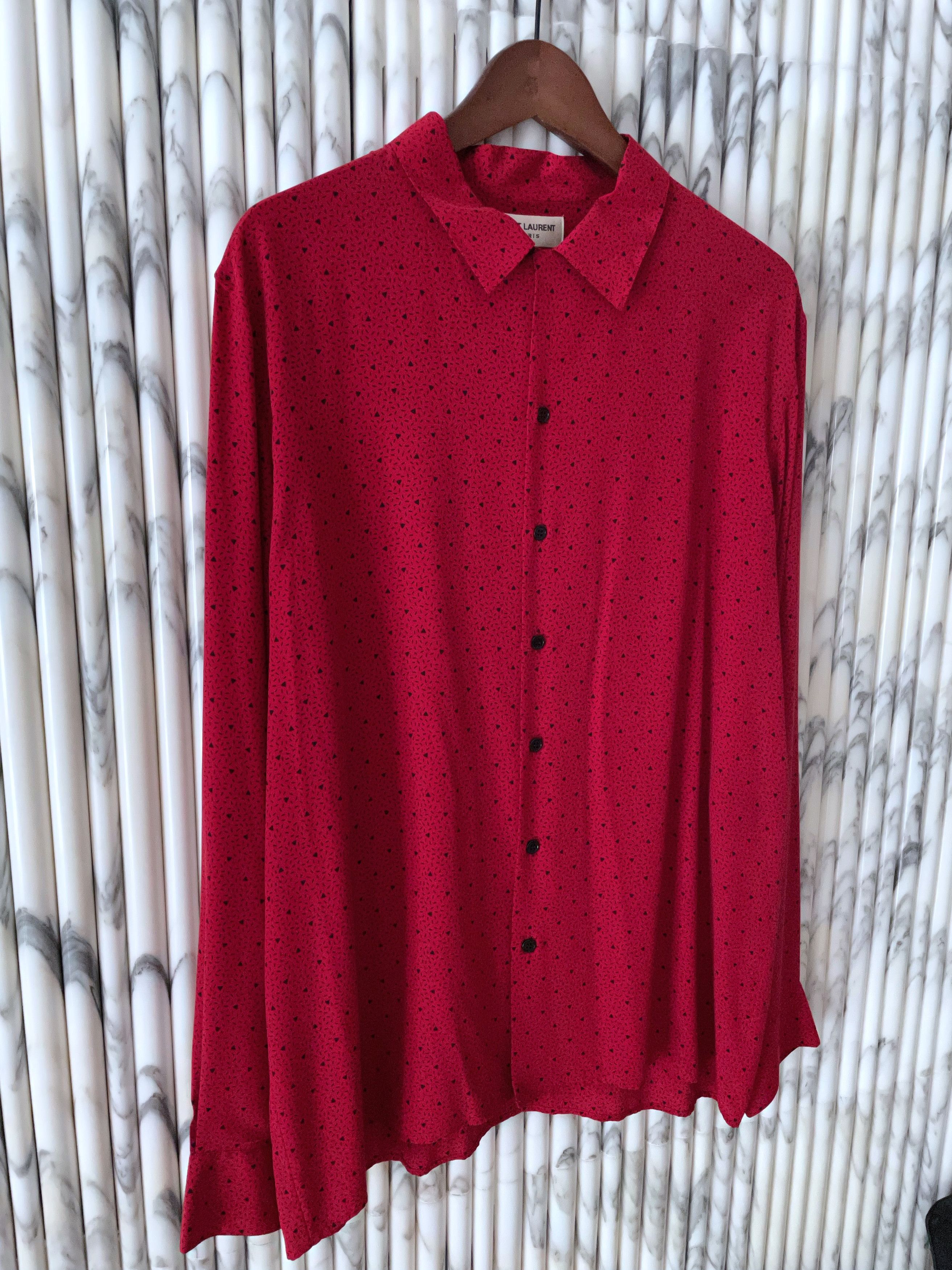 Hedi Slimane × Saint Laurent Paris RARE SS14 ROCKABILLY TRIANGLE PRINT REQUIN COLLAR SILK SHIRT Size US M / EU 48-50 / 2 - 3 Thumbnail