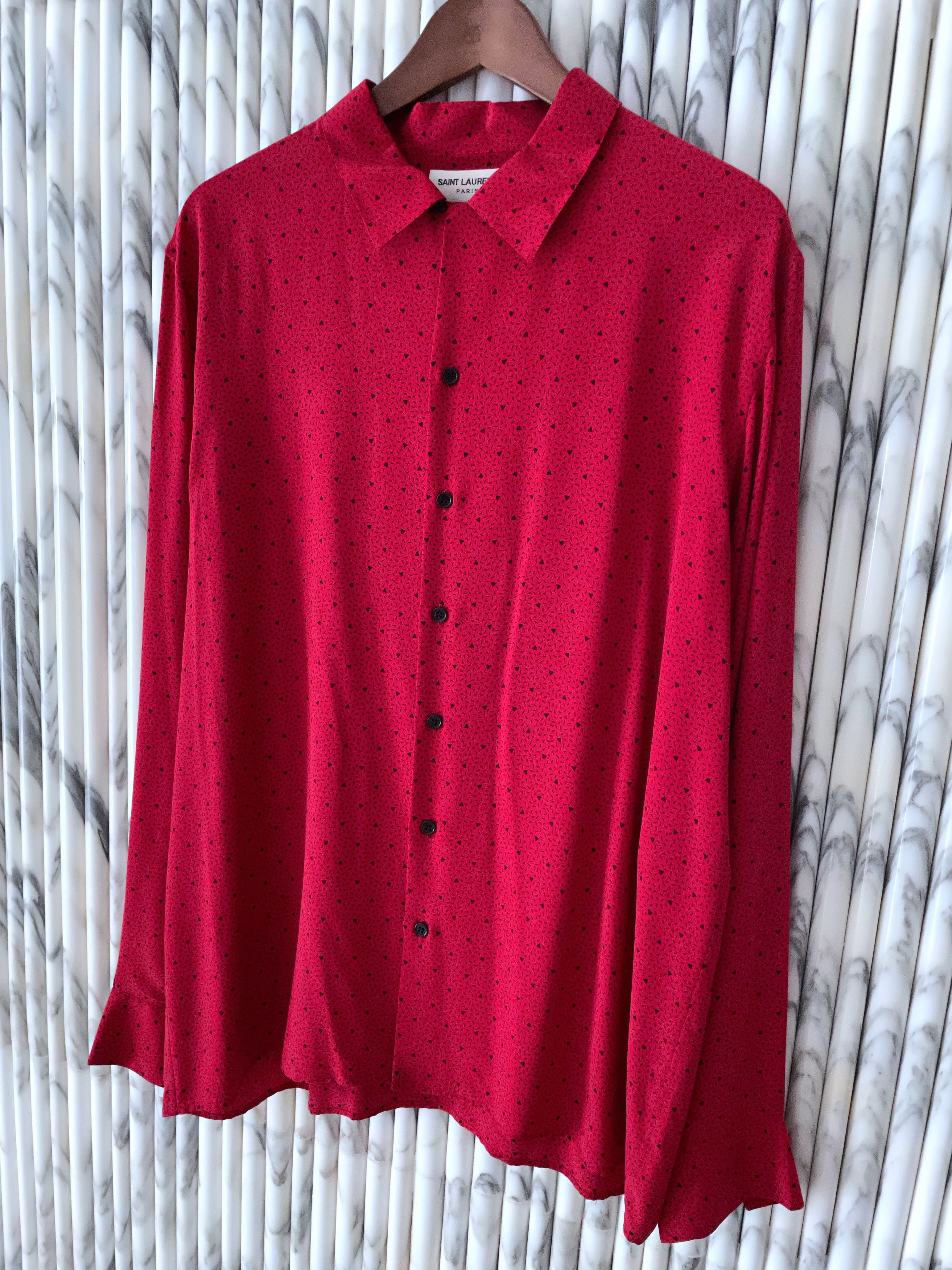 Hedi Slimane × Saint Laurent Paris RARE SS14 ROCKABILLY TRIANGLE PRINT REQUIN COLLAR SILK SHIRT Size US M / EU 48-50 / 2 - 4 Thumbnail