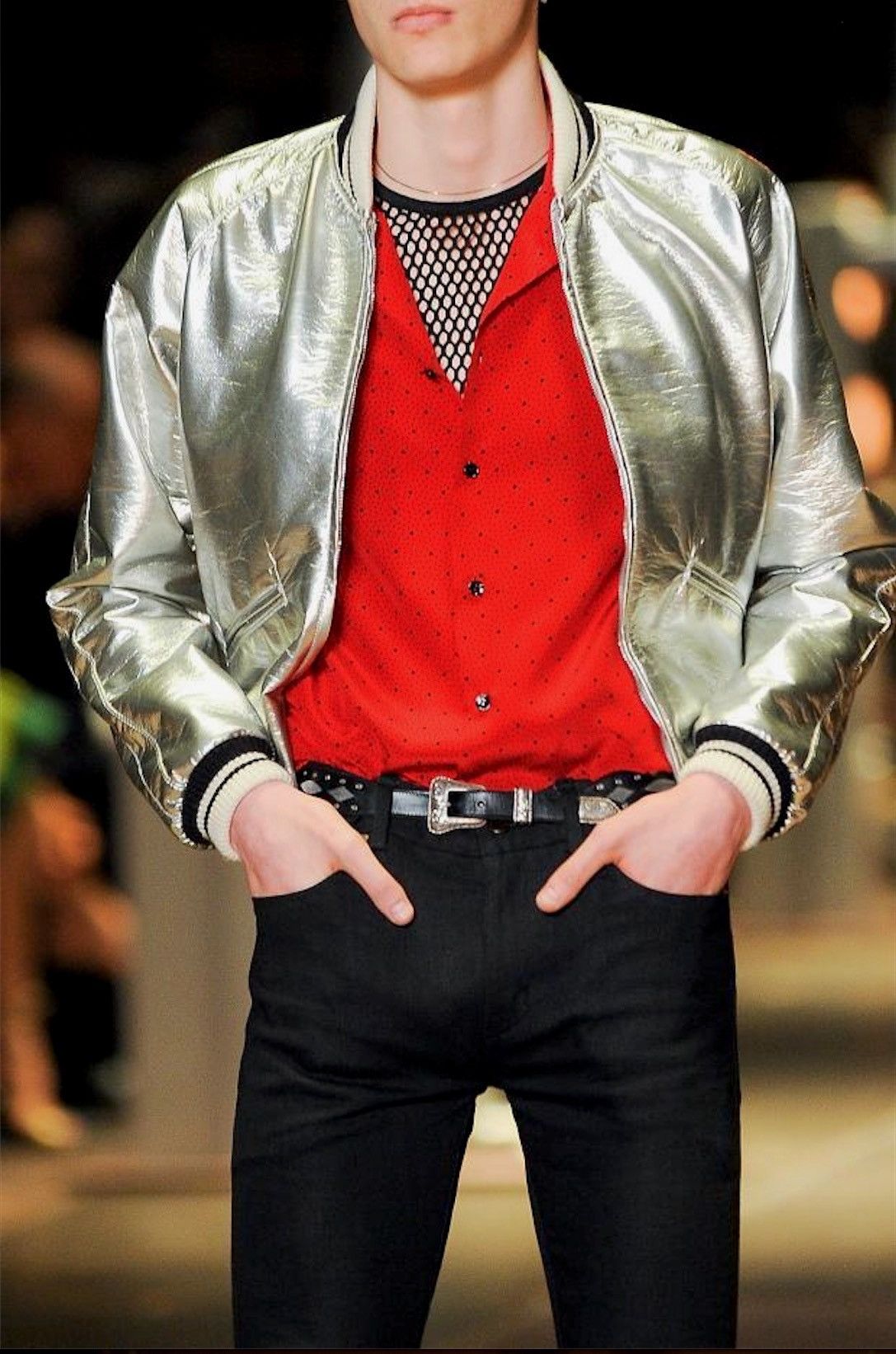 Hedi Slimane × Saint Laurent Paris RARE SS14 ROCKABILLY TRIANGLE PRINT REQUIN COLLAR SILK SHIRT Size US M / EU 48-50 / 2 - 14 Thumbnail