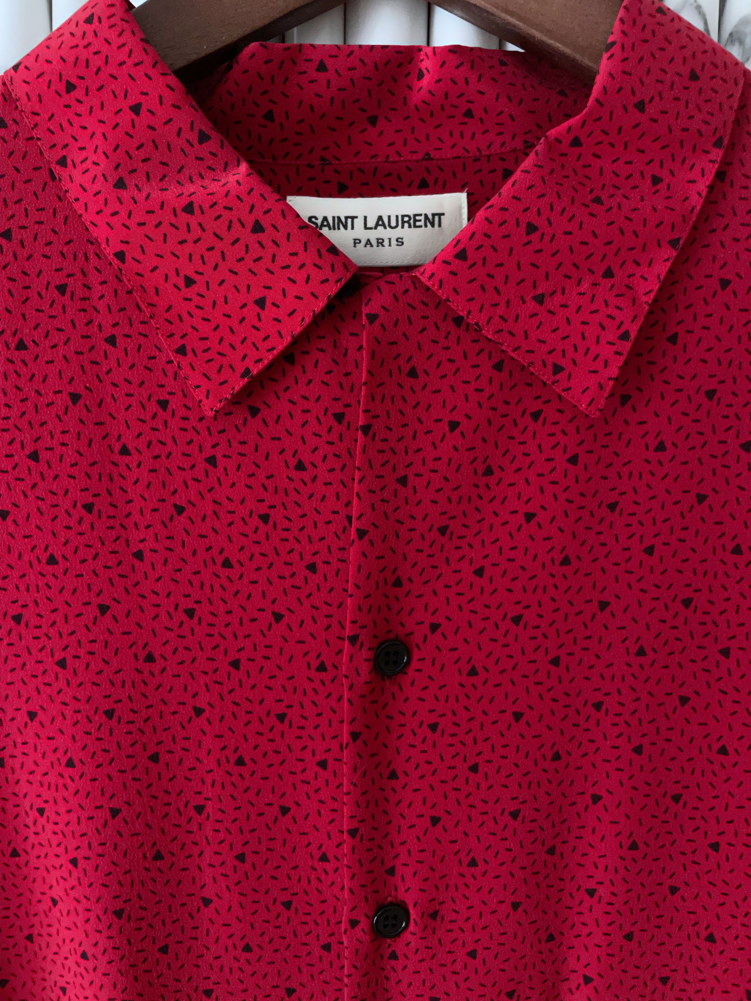 Hedi Slimane × Saint Laurent Paris RARE SS14 ROCKABILLY TRIANGLE PRINT REQUIN COLLAR SILK SHIRT Size US M / EU 48-50 / 2 - 5 Thumbnail