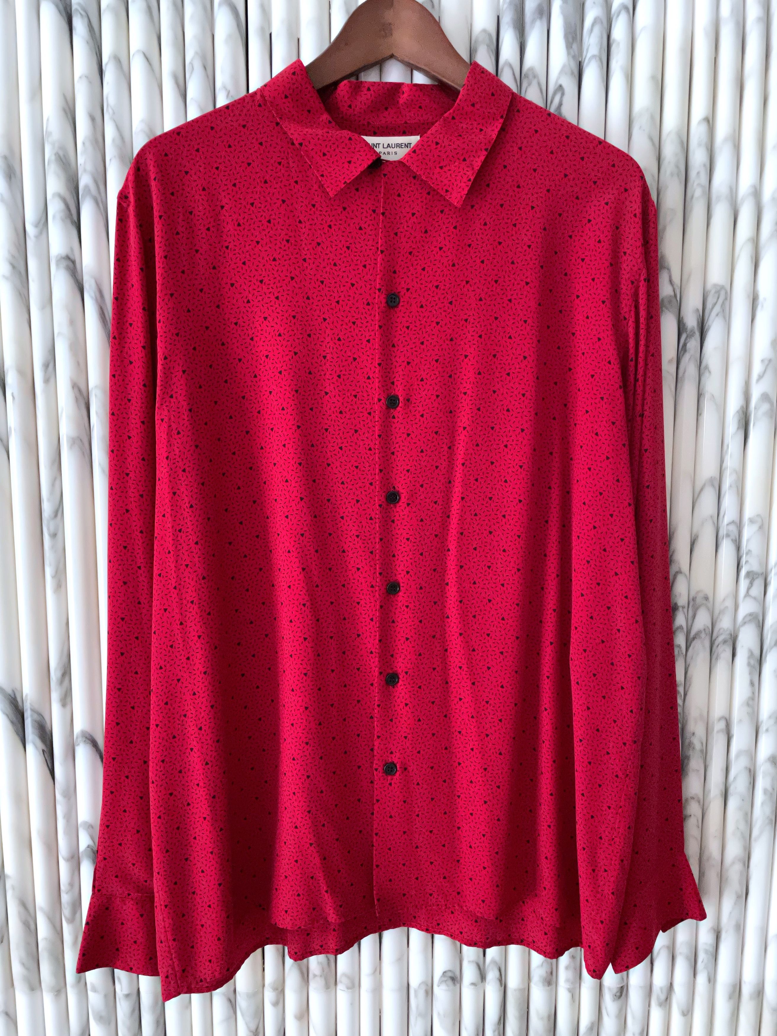Hedi Slimane × Saint Laurent Paris RARE SS14 ROCKABILLY TRIANGLE PRINT REQUIN COLLAR SILK SHIRT Size US M / EU 48-50 / 2 - 2 Thumbnail