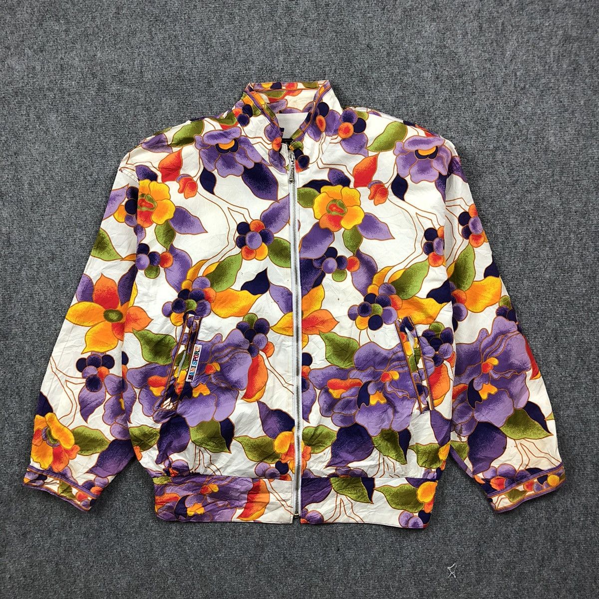 image of Vintage Art Colourfull Flower Motive Bomber Jacket Style, Men's (Size Medium)