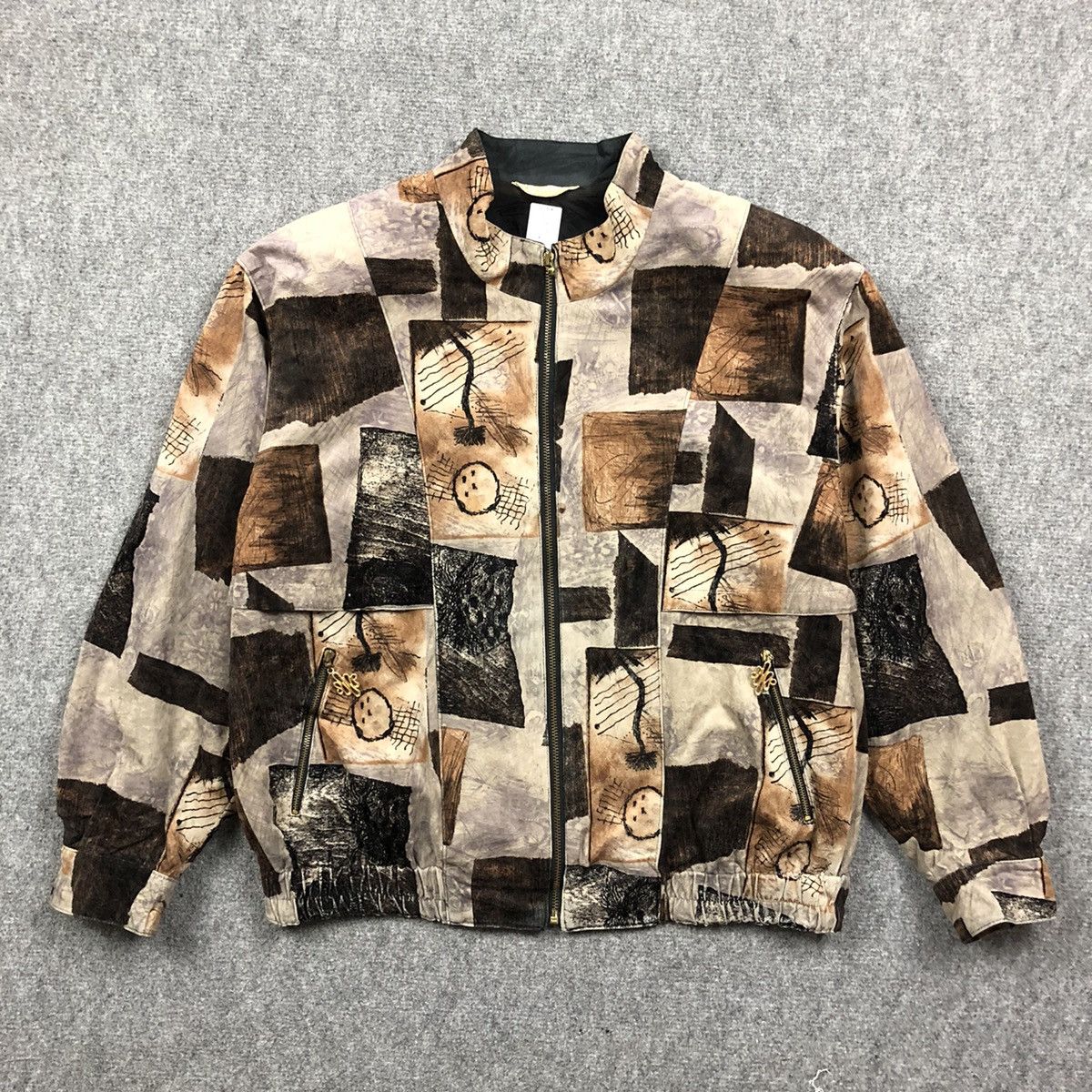 image of Patchwork Art Style Motive Bomber Jacket in Brown, Men's (Size Medium)