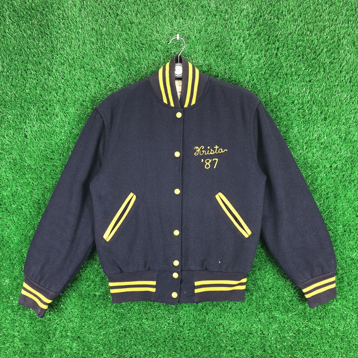 image of Vintage 80's Varisty Jacket Wool Two Tone Color By Holloway in Blue, Women's (Size Small)