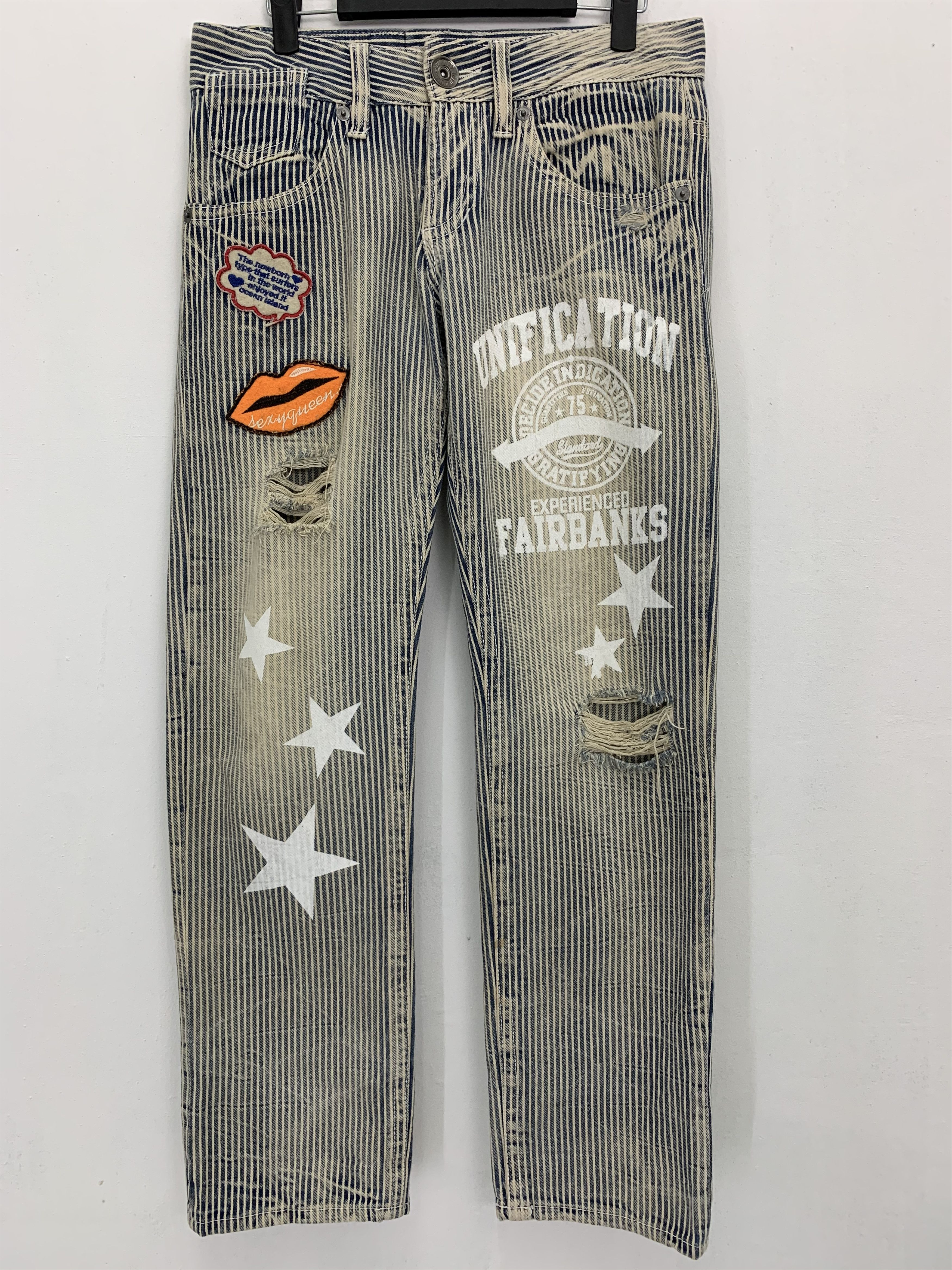 Japanese Brand Custom Patches Pants Distressed Over The Stripe KissXJoker Size US 29 - 1 Thumbnail
