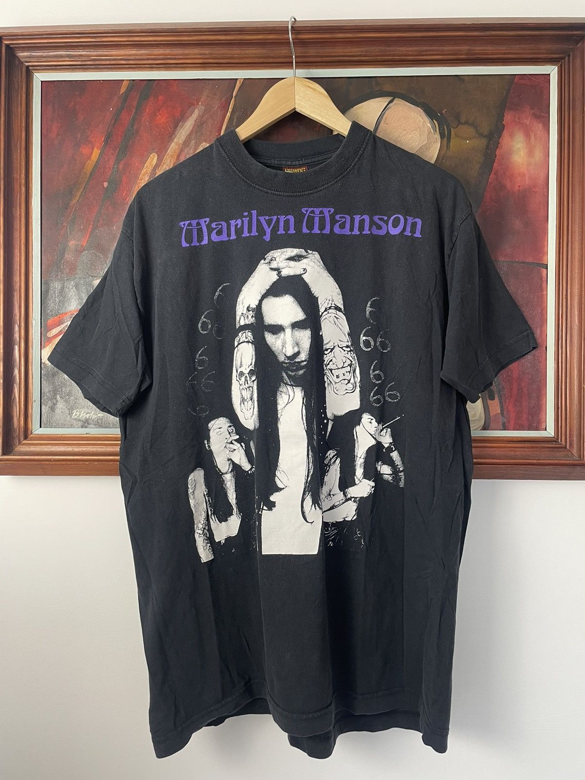 image of Band Tees x Marilyn Manson Vintage 90's Washed Black Band Rock Tee, Men's (Size Large)