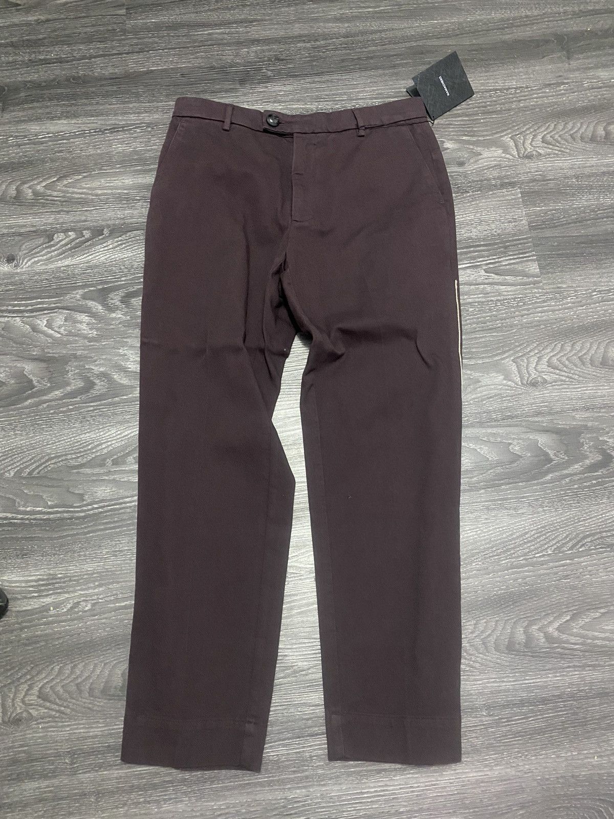 image of Namacheko Ss21 Overdyed Contrast Stitch Trousers in Burgandy, Men's (Size 32)