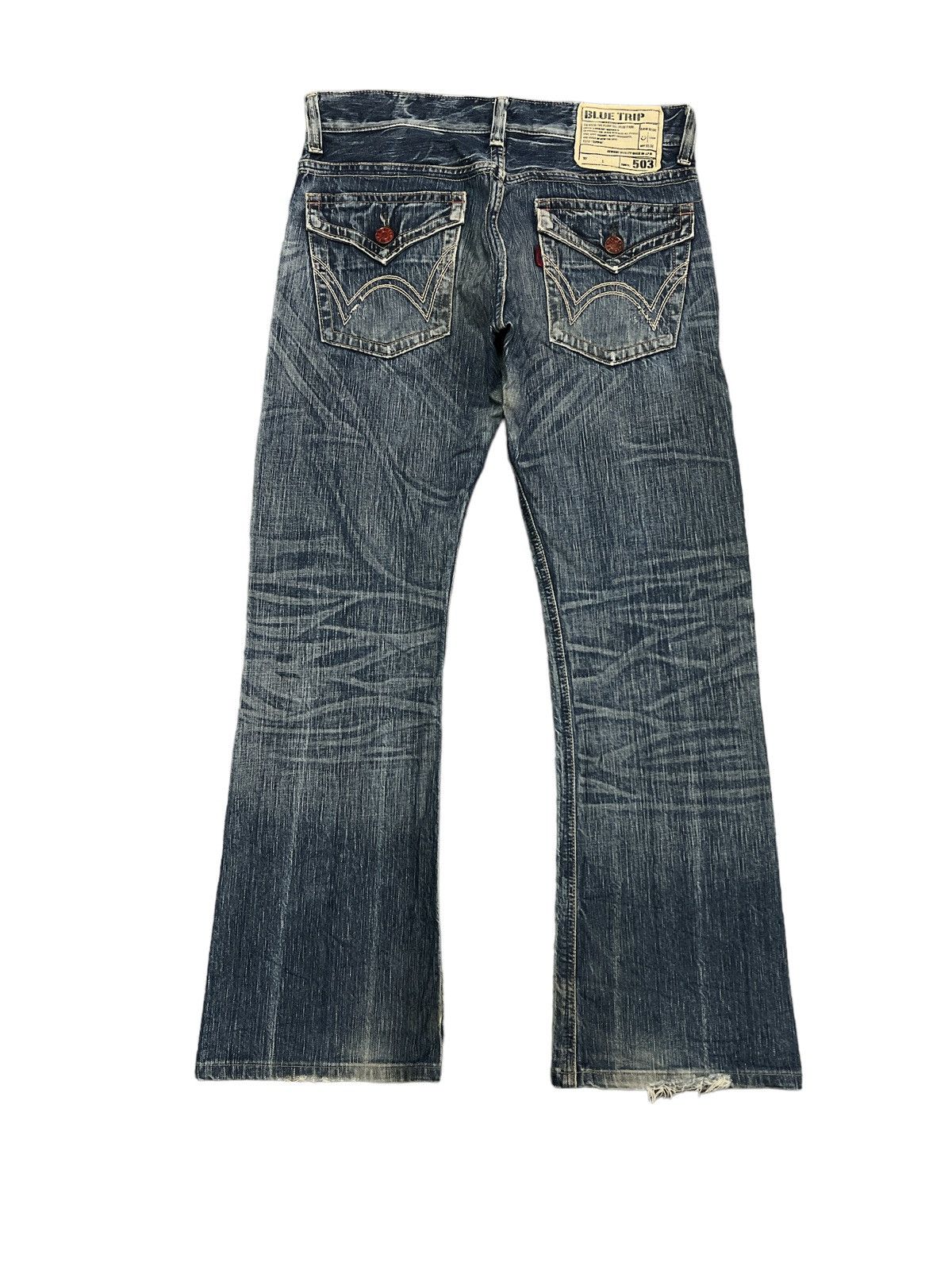 Japanese Brand FLARED💥EDWIN 503 BLUE TRIP DISTRESSED DENIM PANT Size US 31 - 6 Thumbnail