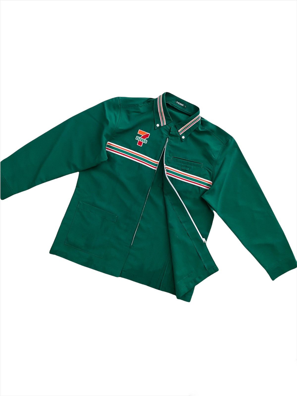 image of Uniform Wares x Vintage Seven 7 Eleven Big Felt Logo Convertible Zip Work Shirt in Green (Size Larg