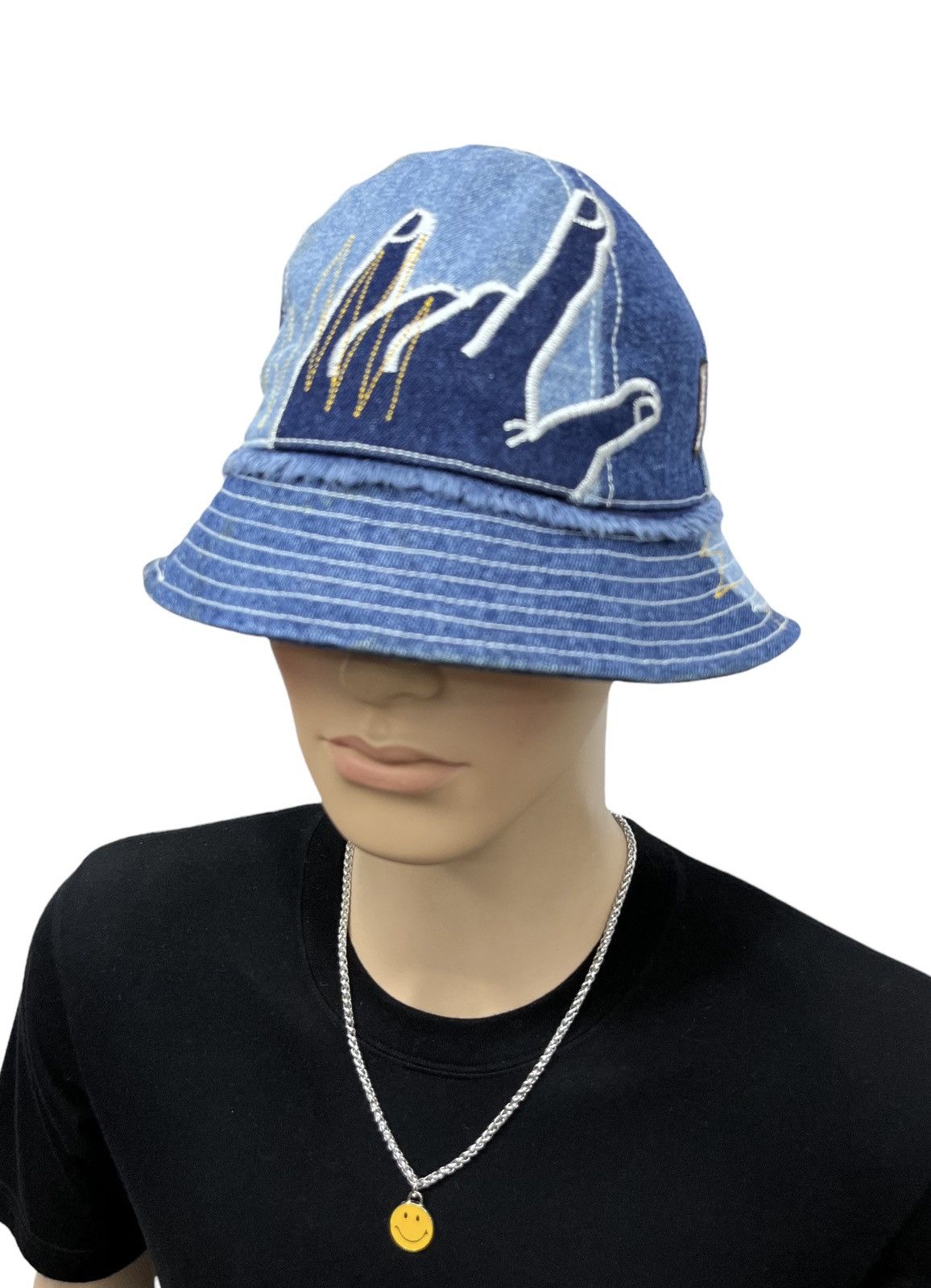 image of Avant Garde x Rockstar Grunge Metalbucker Patchwork Embroidery Denim Bucket Hat in Blue, Men's