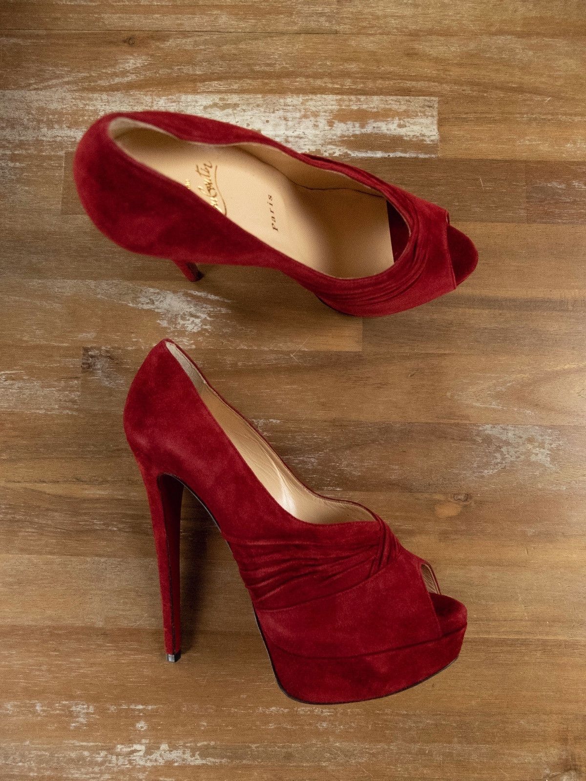 $945 CHRISTIAN LOUBOUTIN Drapadita red suede platform pumps