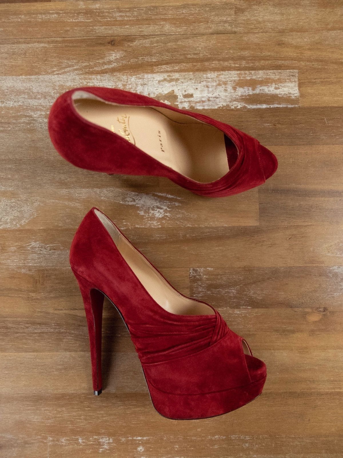 image of $945 Christian Louboutin Drapadita Red Suede Platform Pumps Shoes, Women's (Size 8)