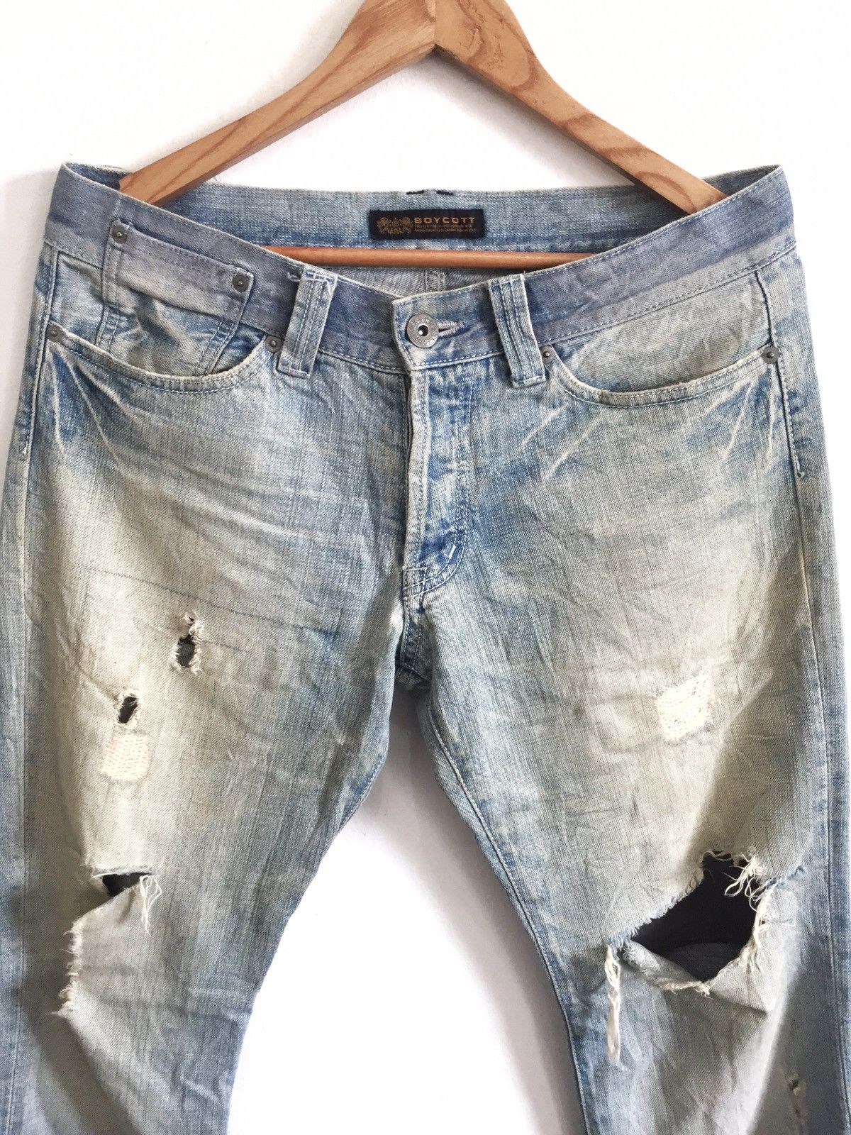 image of Boycott Beauty Faded Ripped Distressed Denim in Blue Distressed, Men's (Size 34)