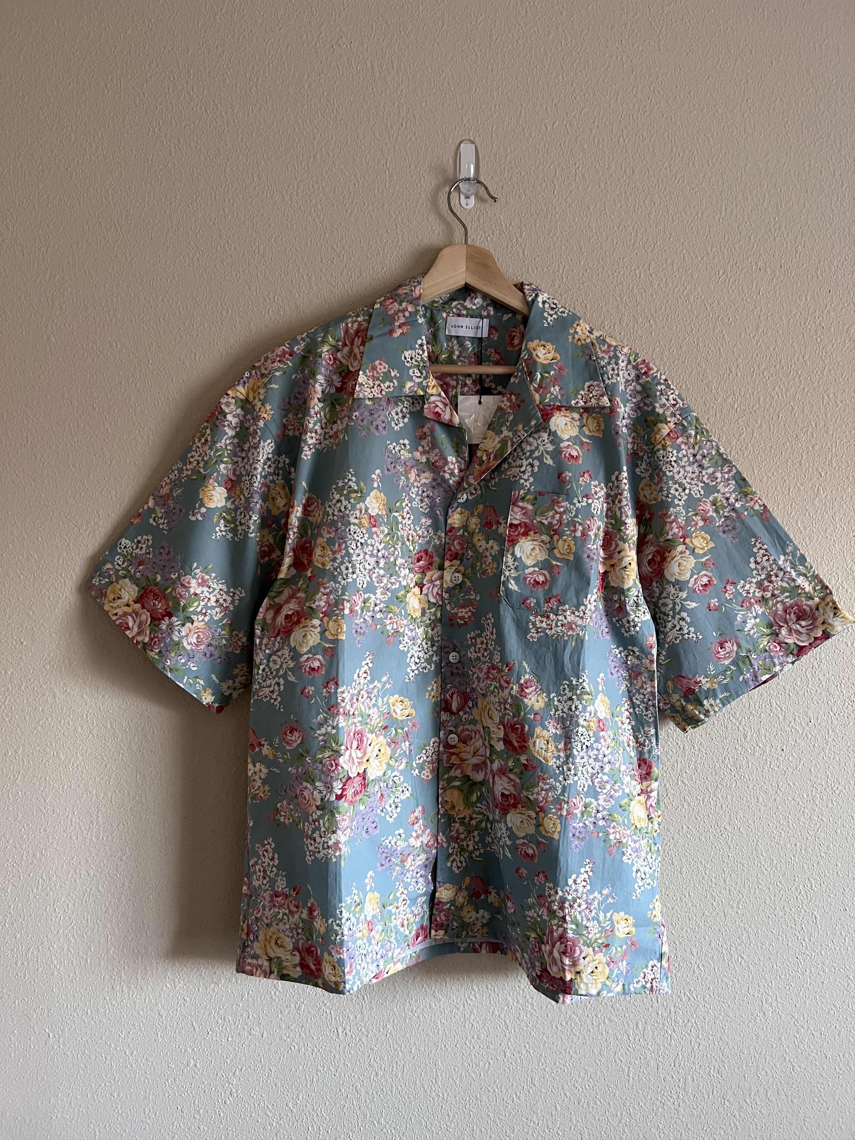 image of John Elliott Camp Collar Button Up Shirt Blue Tuscan Floral, Men's (Size XL)