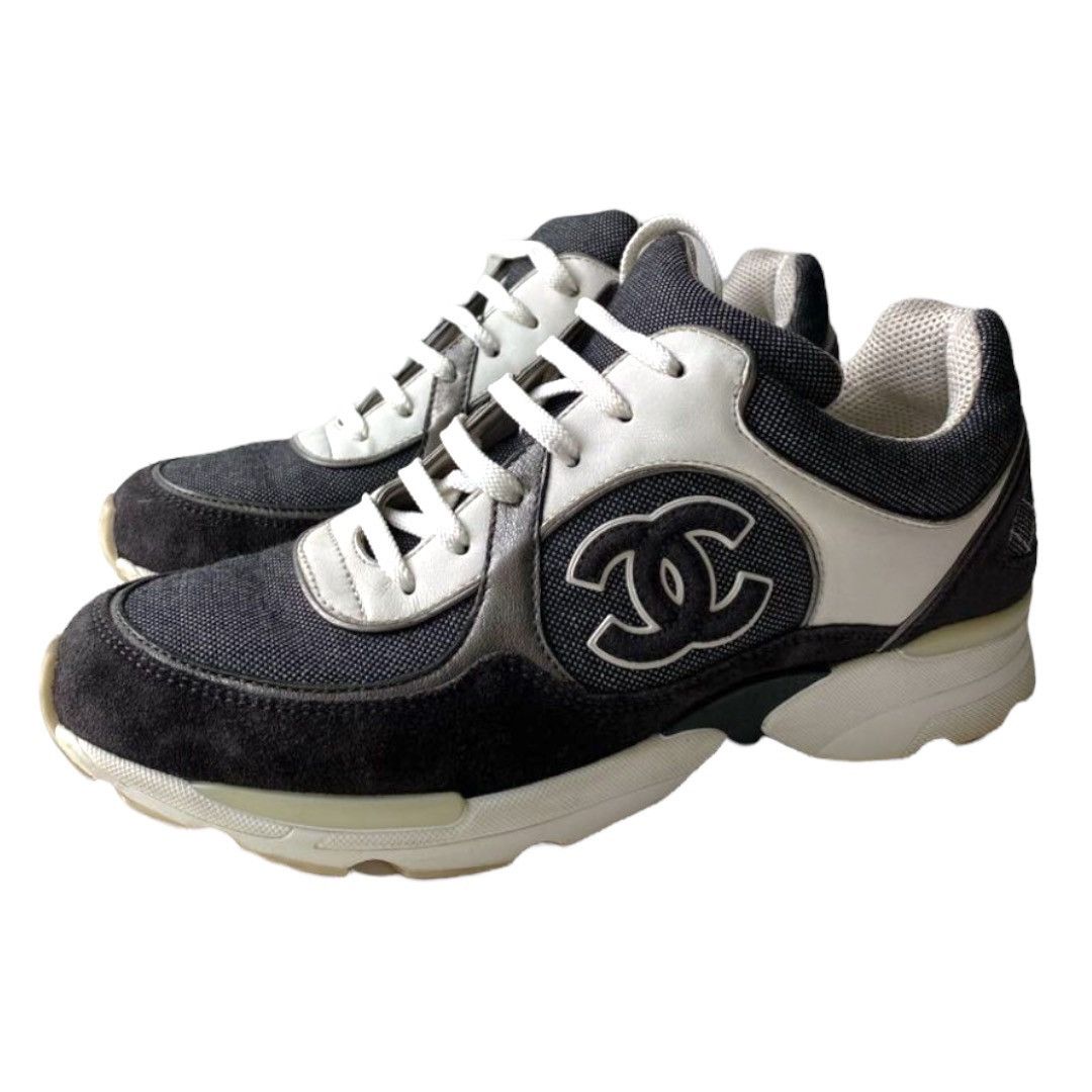 CHANEL Suede Calfskin CC Sneakers 37 Dark Grey White Silver